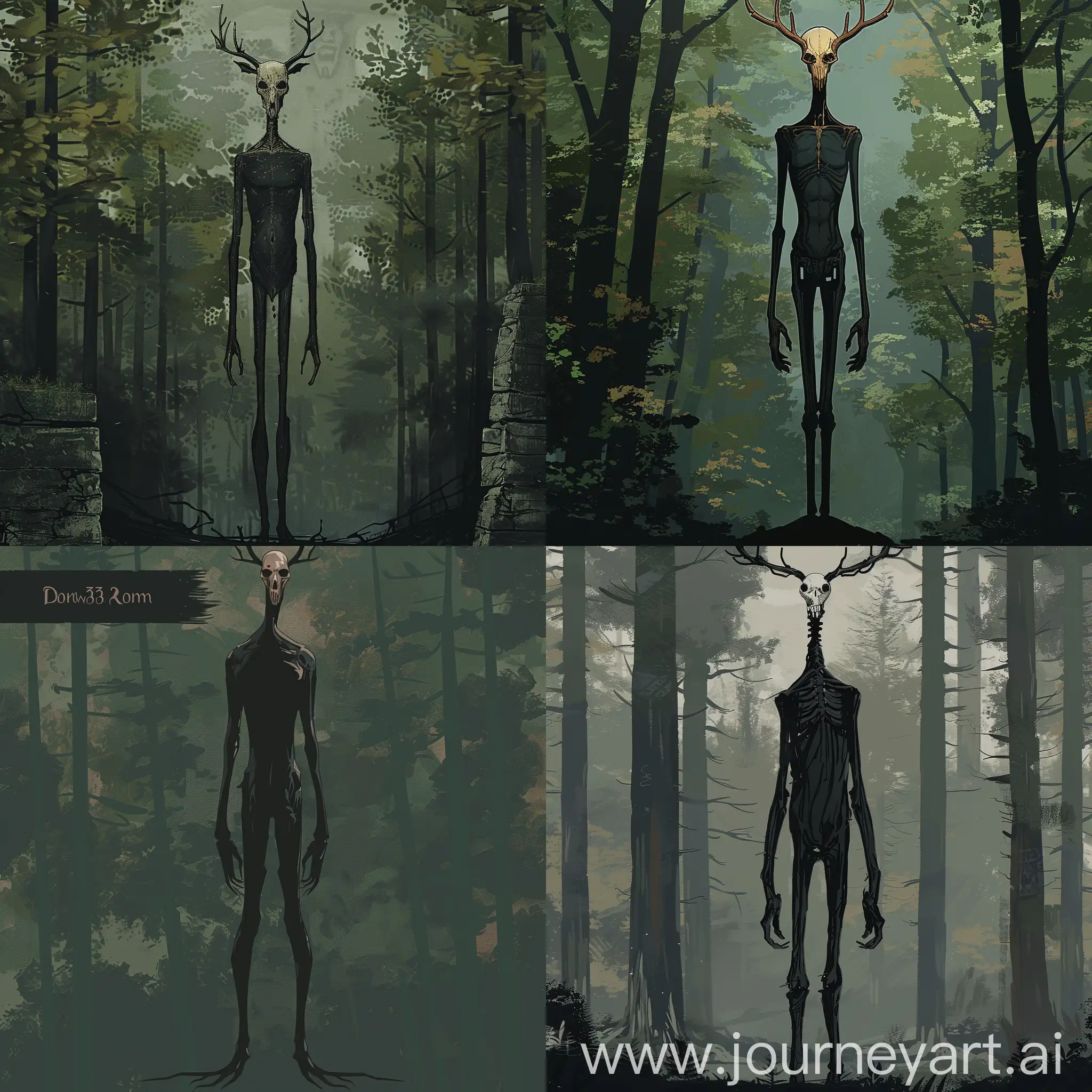 a long man, 3 meters tall, black body, a deer skull instead of a head, horror style. forest on background, art. darkest dungeon art style