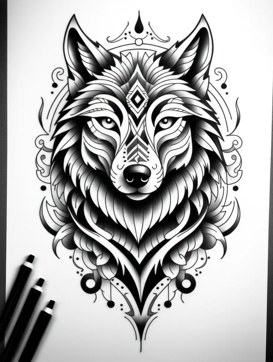 a modern black and white wolf tattoo for a coloring book