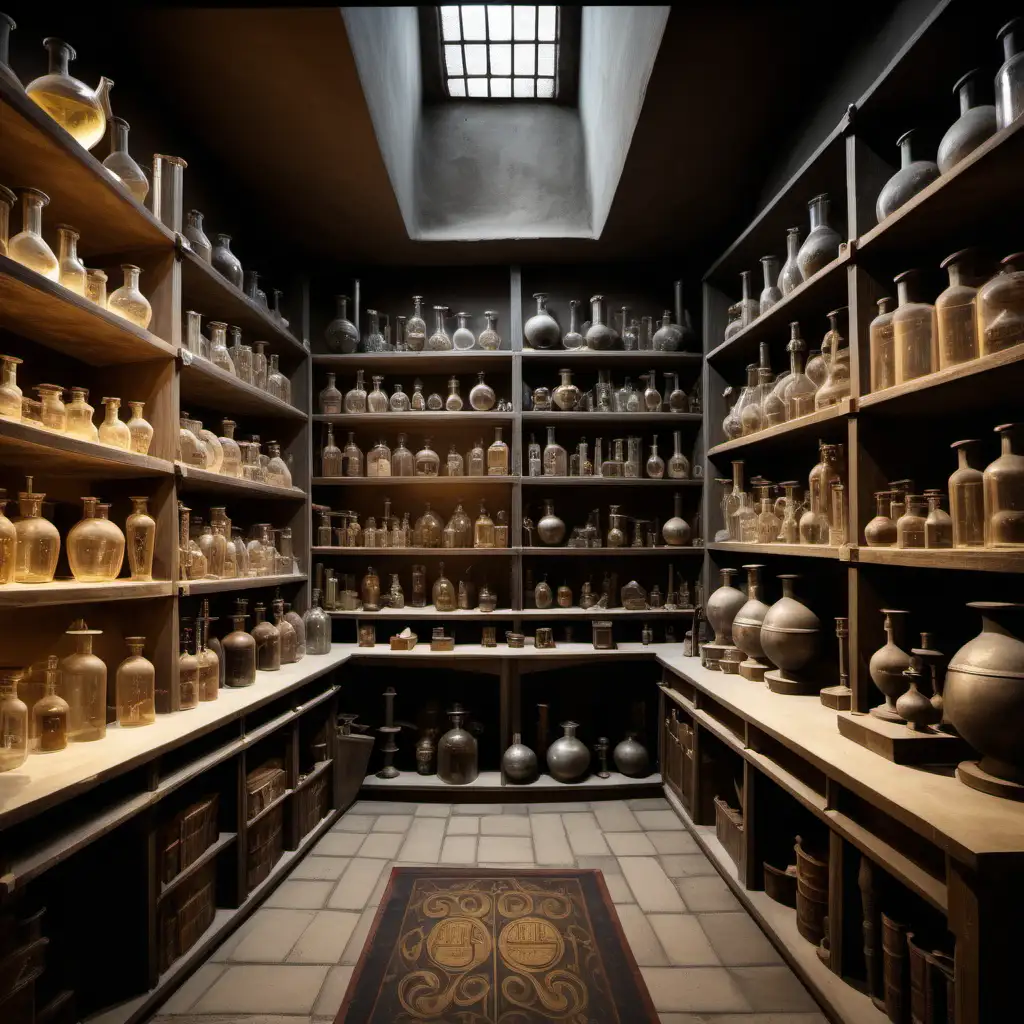 алхимическая лаборатория среднего века 
 вид на комнату  на полках