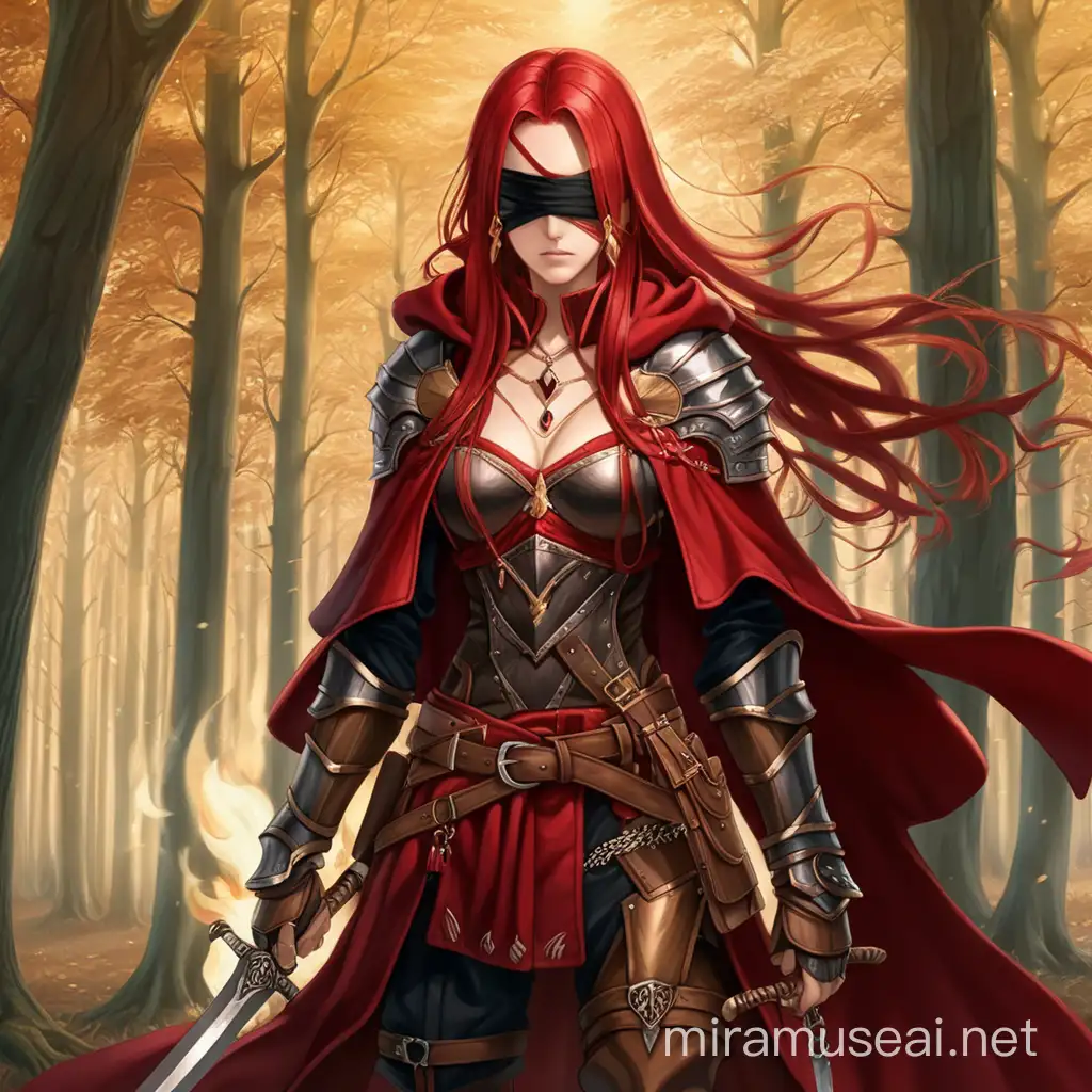 Fantasy, anime art, bandit, mature female, slender figure, fancy leather armor, red cloak, long red hair, blindfold, two flame swords, scar on the face, golden jewelry, forest on the background  