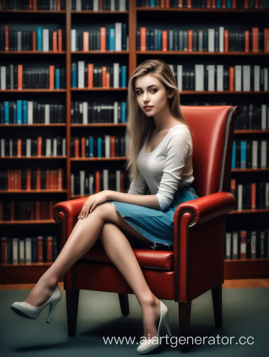реалистичны красивая девушка которая сидит на стуле а за нею библиотека