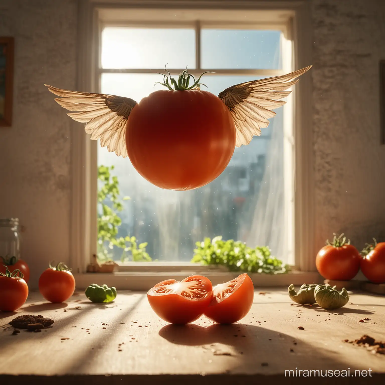 Riesige formatfüllende Tomate mit sehr großen Flügeln fliegt im Raum. Die Tomate ist um die X-Achse um 20 Grad gedreht. Die großen Flügel flattern schnell und haben eine Bewegungsunschärfe. Untergrund alter Holztisch. Hintergrund alte Küche mit Fenster, durch das die Sonne scheint. Tiefenschärfe