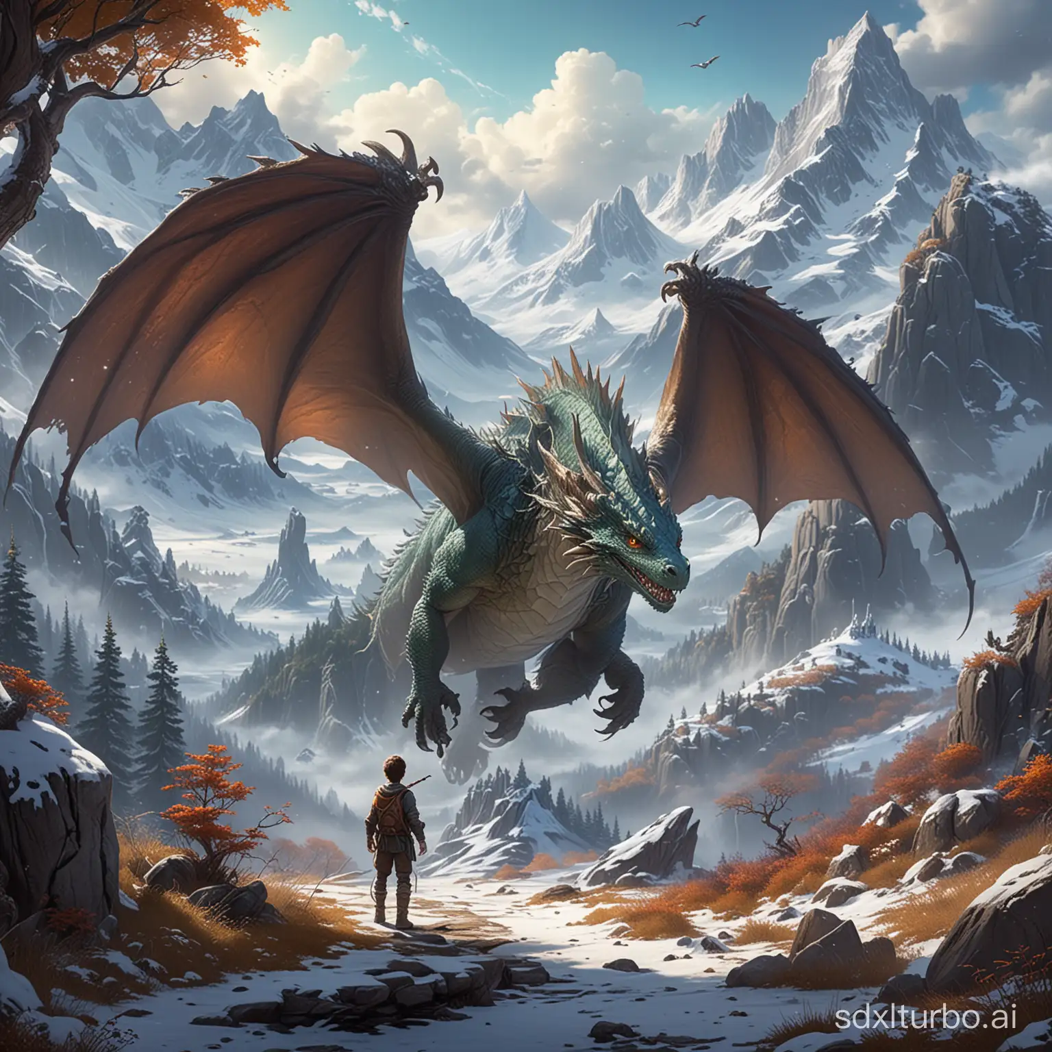Scenario of A magical and mysterious world full of fantastic creatures and impressive landscapes, such as enchanted forests and snowy mountains. with a boy and a tiny dragon as a friend