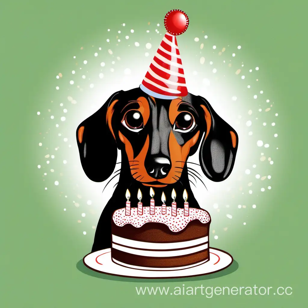  мне нужно нарисовать картинку с собакой таксой, в праздничном колпаке и тортиком  и надпись " С днем рождения!"