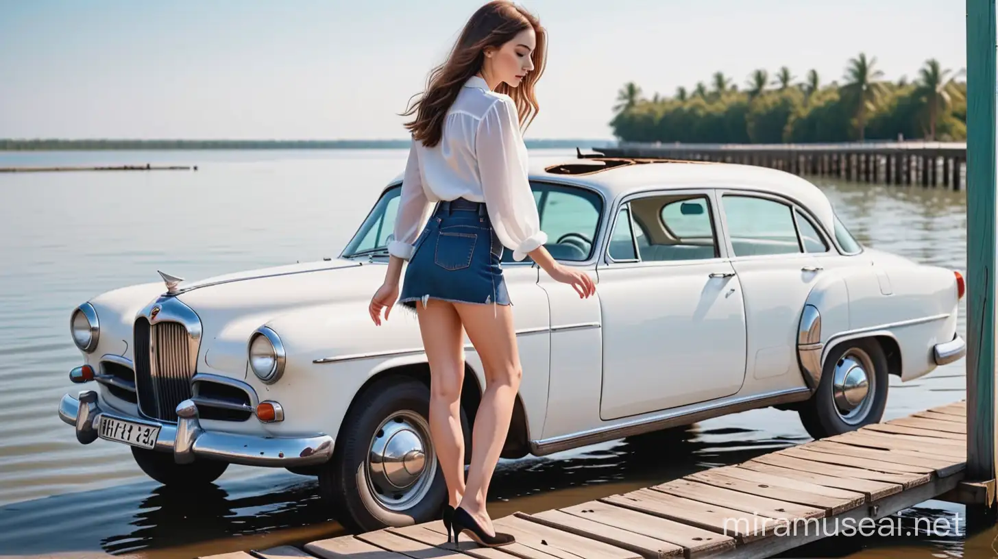 Woman in a white blouse and a short denim skirt and black slippers with thin high heels gets out of the car straight onto a pier made of old rotten boards, side view.