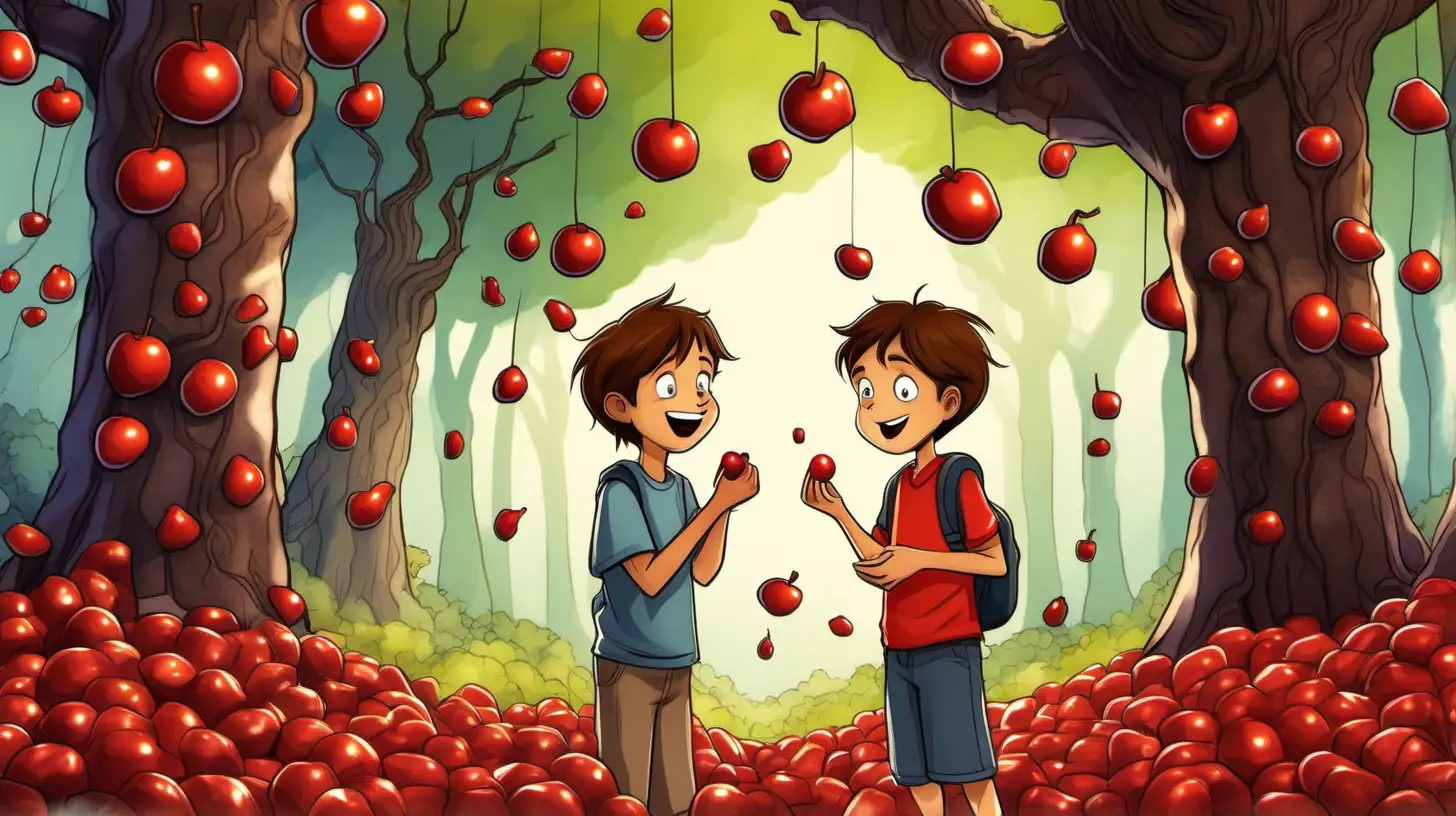 illustrate A ten-year-old brown-haired boy stands next to a tree whose fruits are little red candys. It uses tree branches as its hands and has eyes and a mouth.  two 10 years old kids looking at them and laughing , in the magical forest