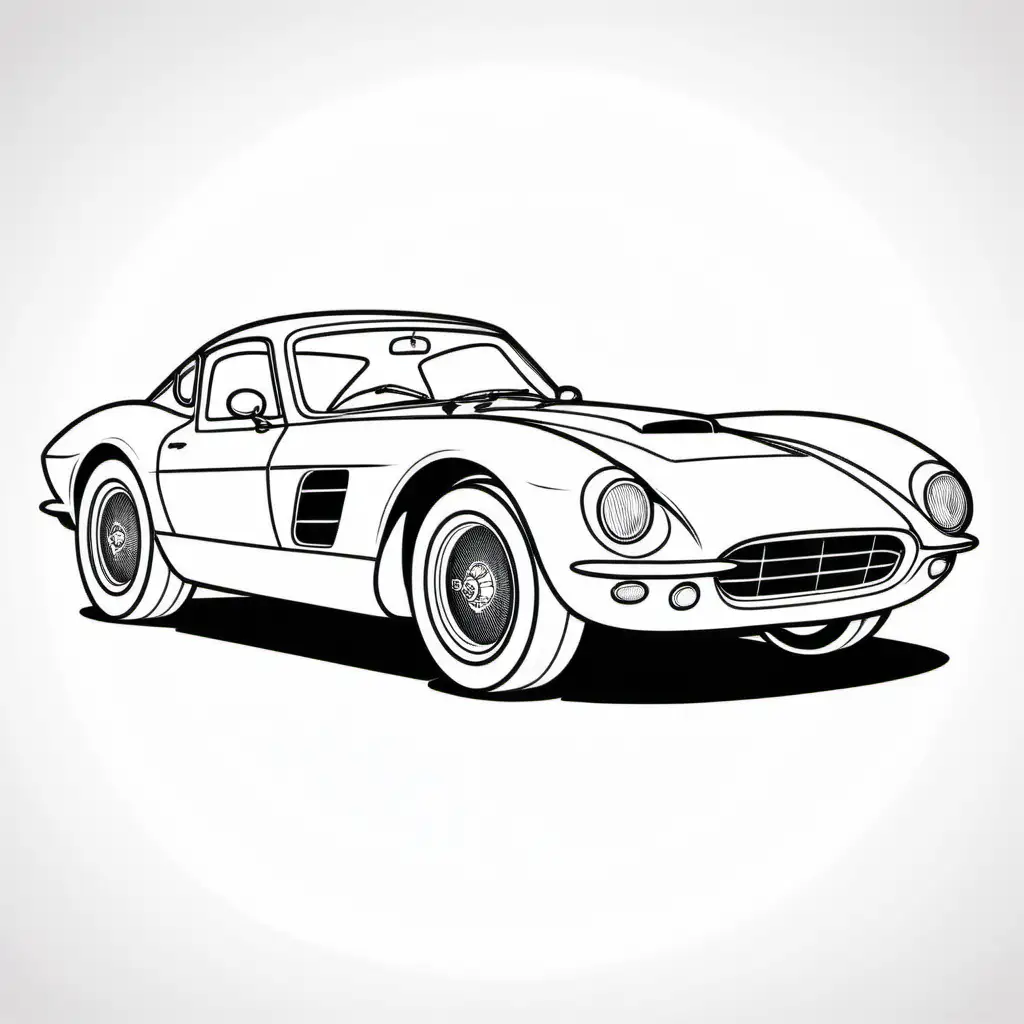 classic sports car coloring page, black and white lines.