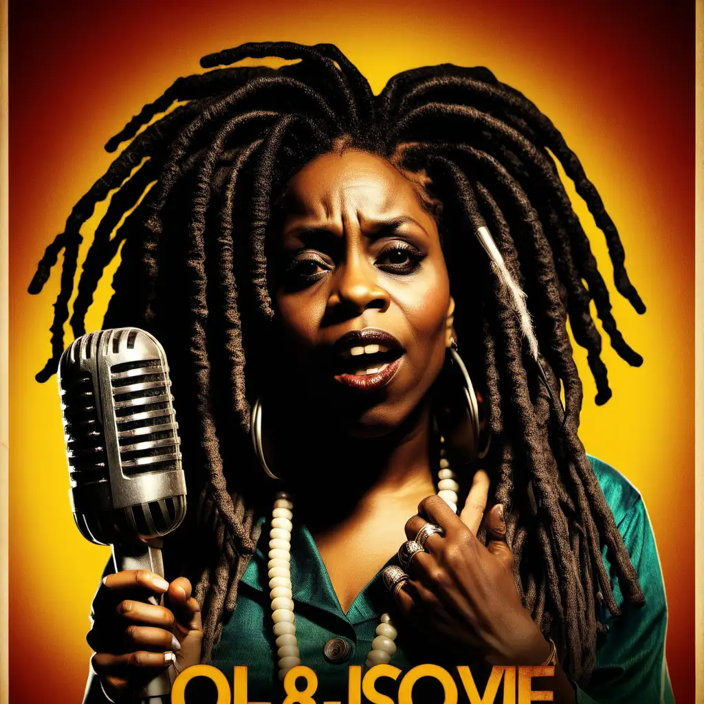 movie poster, old black female singer with dreadlocks holding microphone