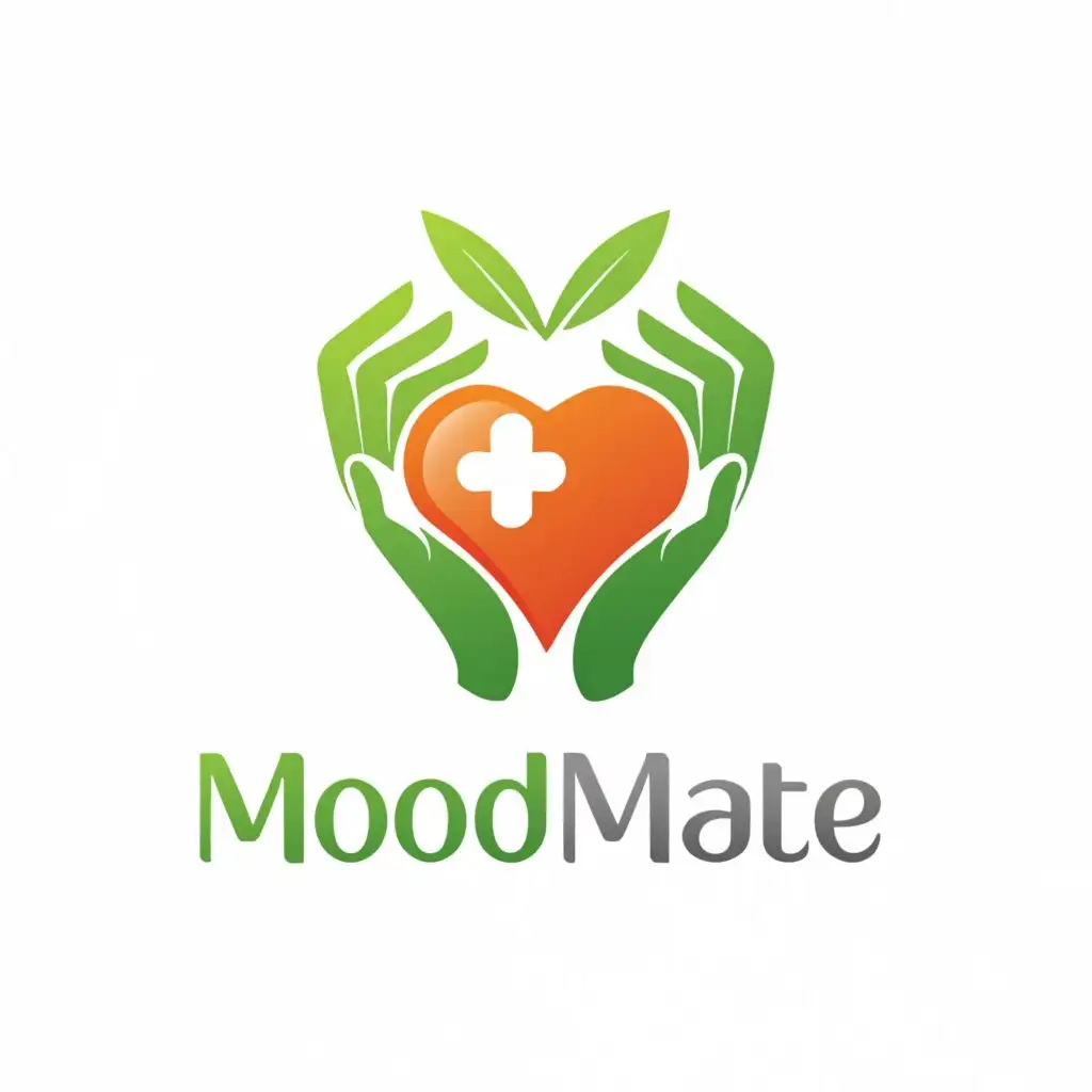 a logo design,with the text "moodmate", main symbol:a heart glued with plaster, surrounded by bandage with green leafs, bandage must run the entire length of the heart from left to right, hands should be smaller and more delicate
