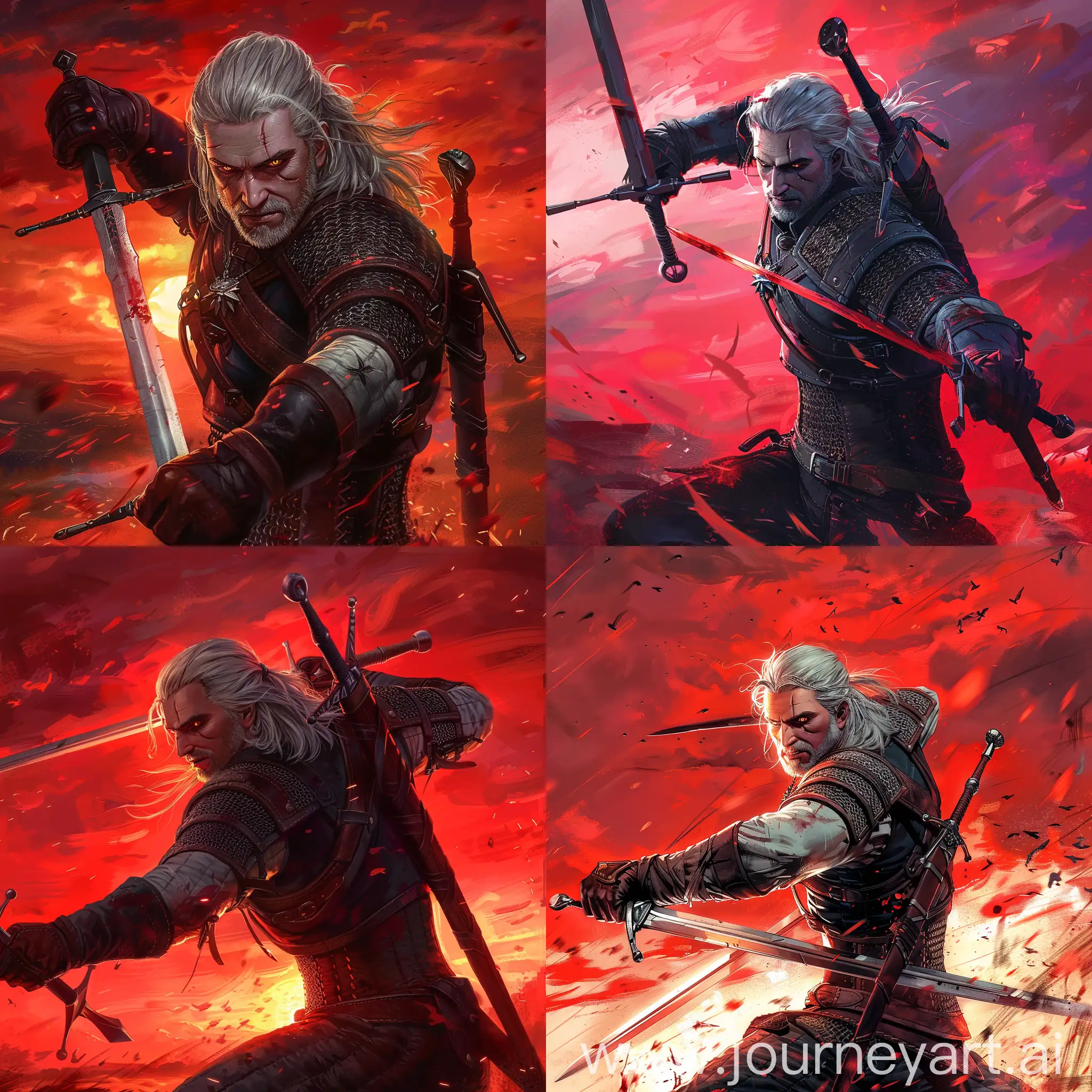 Geralt of Rivia, sword-fighting, red sky
