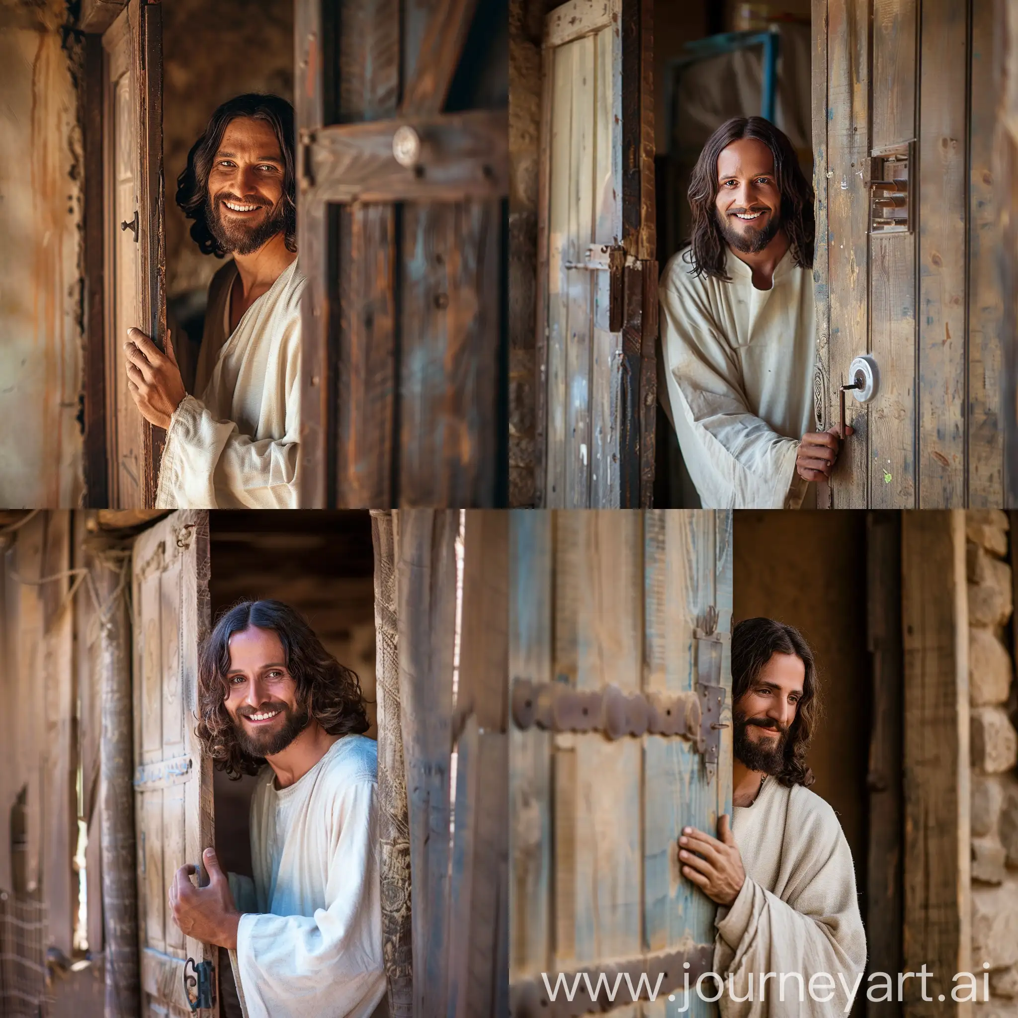 Realistic photograph of Jesus Christ looking out from behind the door of his Palestinian home, welcoming guests with a smile