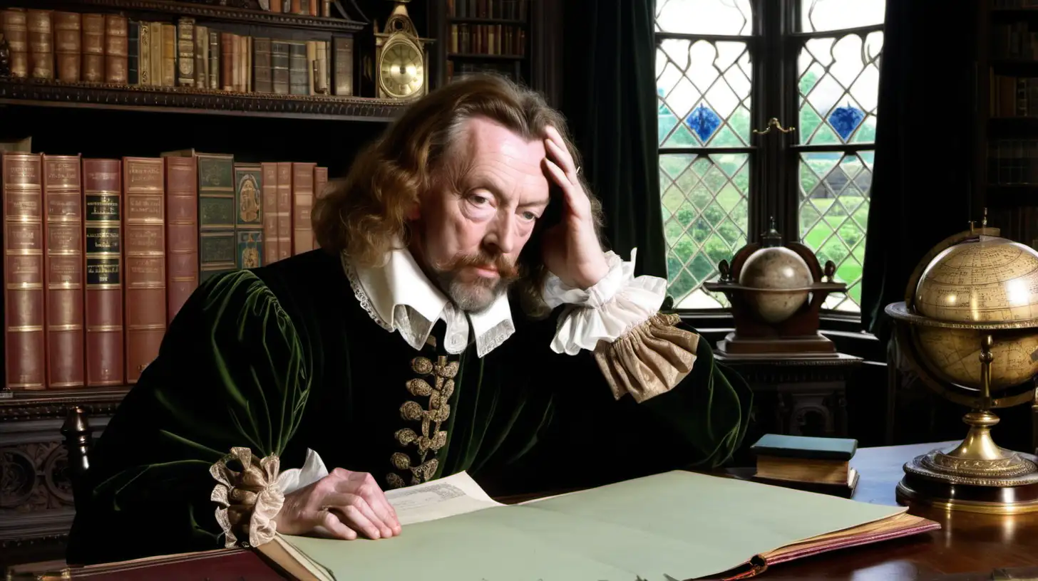 A color photo of Henry Wriothesley, Third Earld of Southampton, sat at his desk, head in hands, a document on the desk in front of him. Around him, an intricate library, at 16th century mechanical clock, an antique globe. Out of the window, a palatial garden. 