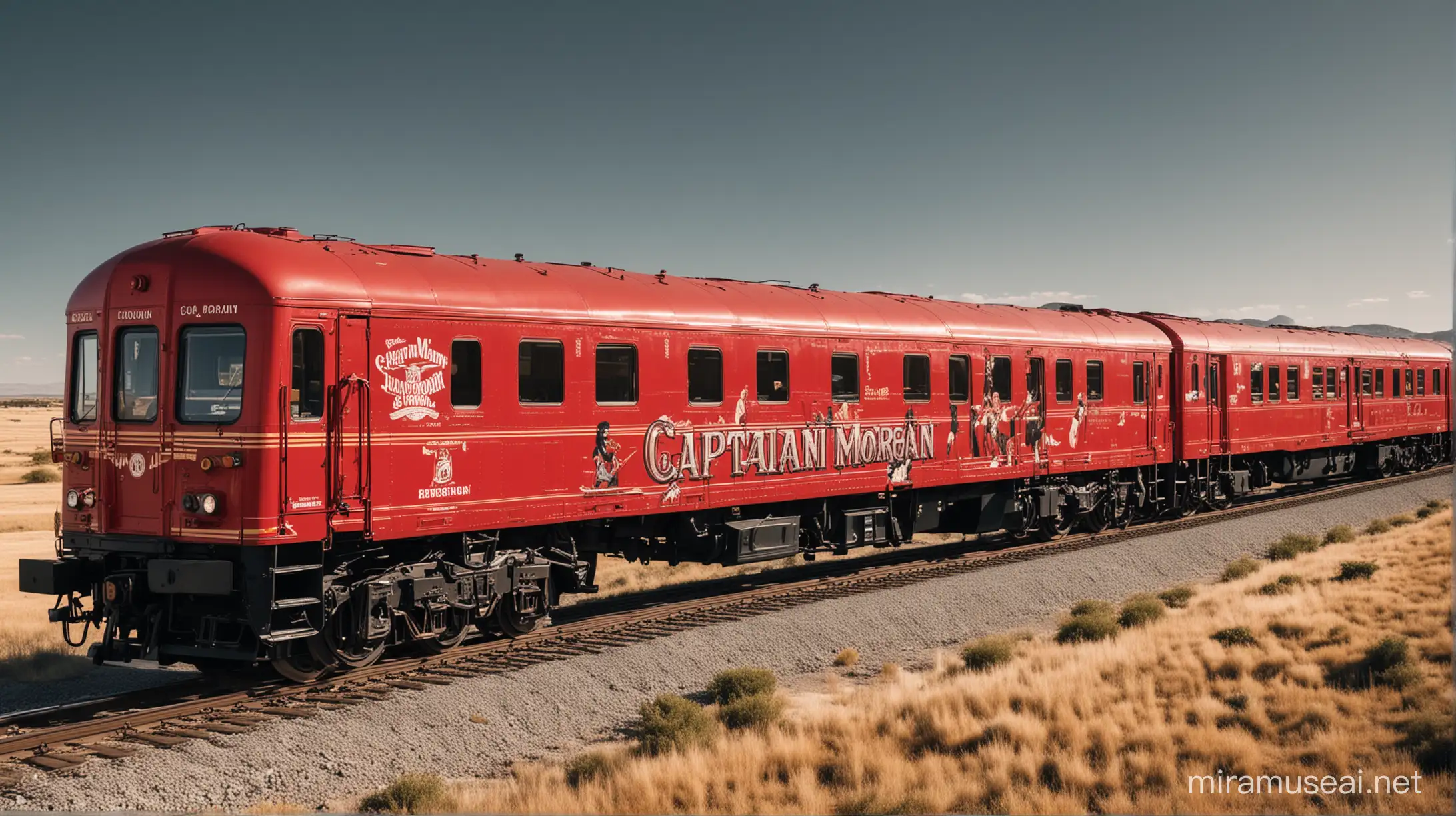 show me a Captain Morgan branded red train with people inside dressed like Y2K heading into the horizon
