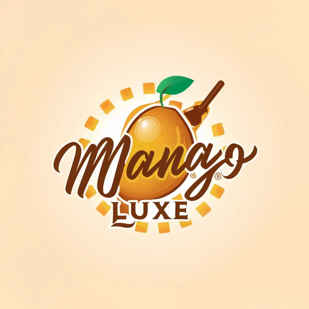 a logo design,with the text "Mango Luxe", main symbol:The "Mango Luxe" logo features a vibrant, golden mango with lively, modern typography in shades of gold and maroon. The design includes a colorful silhouette of a bottle filled with mango graham shake, adding a lively and energetic touch. This logo embodies the spirit of indulgence and luxury, perfect for the "Mango Luxe" brand.,Moderate,clear background