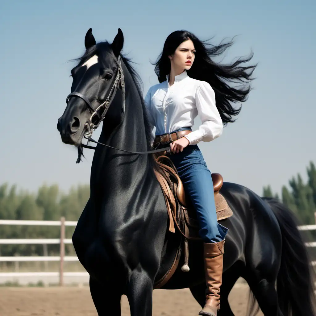 Grande jeune femme mince long cheveux noir battu par le vent. En jean bleu et haut blanc de l époque 1900.  En face d elle se tiens zorro sur son cheval noir épée à la main.