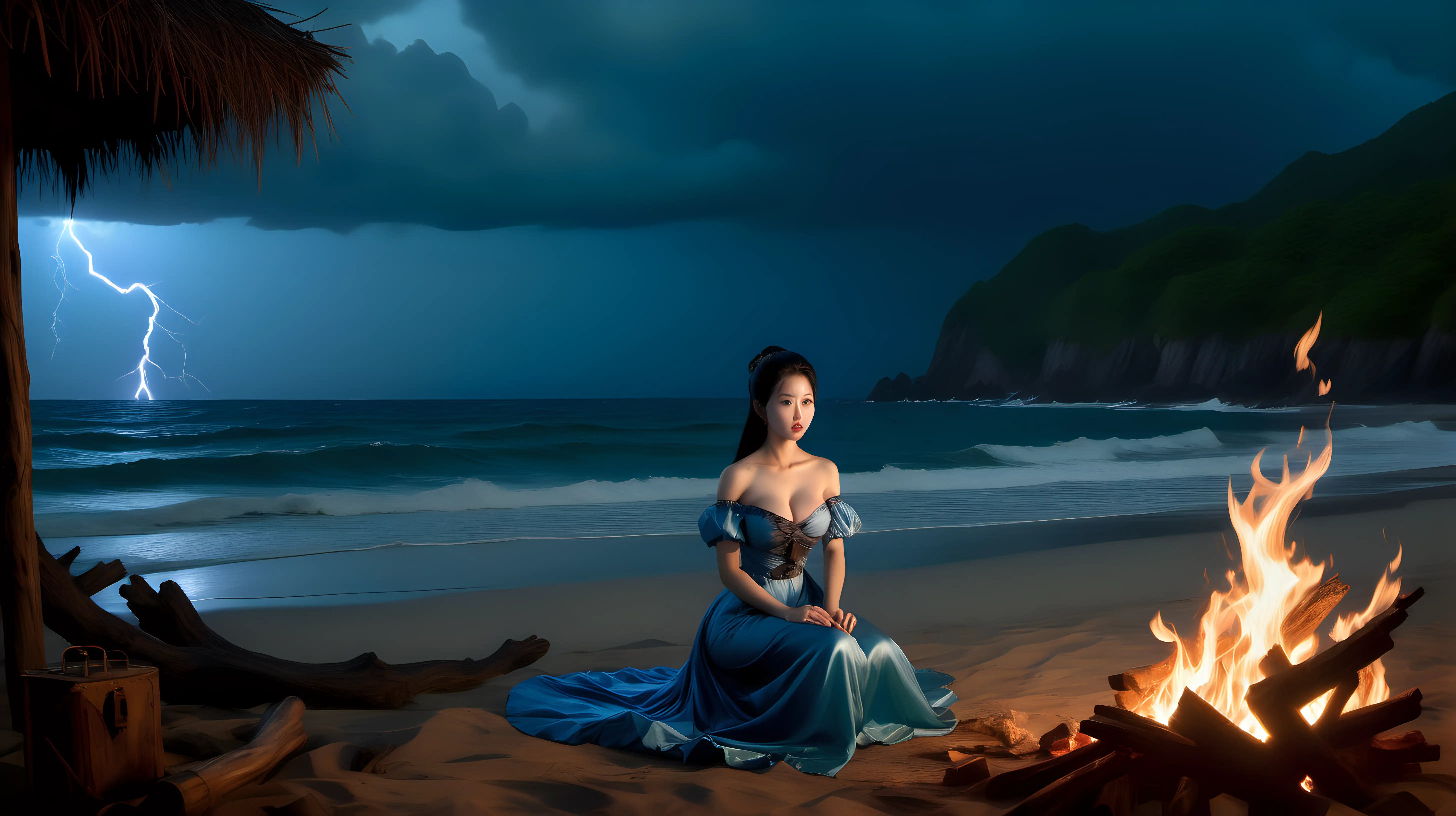 A tropical island beach. The water is blue. There are big waves. There is a small camp fire in the distance. A young korean beauty sitting alone beside the camp fire. She has full breasts. She is wearing a blue silk dress. The time is at dusk. There is a 18th century shipwreck in the distance. It is raining. Lightning in the cloud.