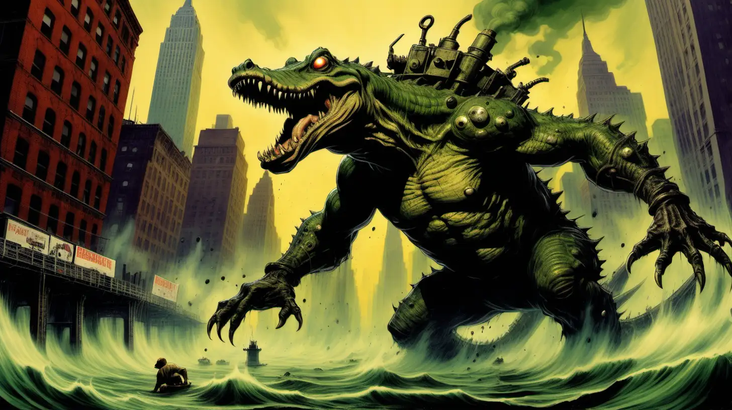 In the style of Frank Frazetta. Sewer gator Rat monster towers over New York City destroying it with nuclear sewage blast