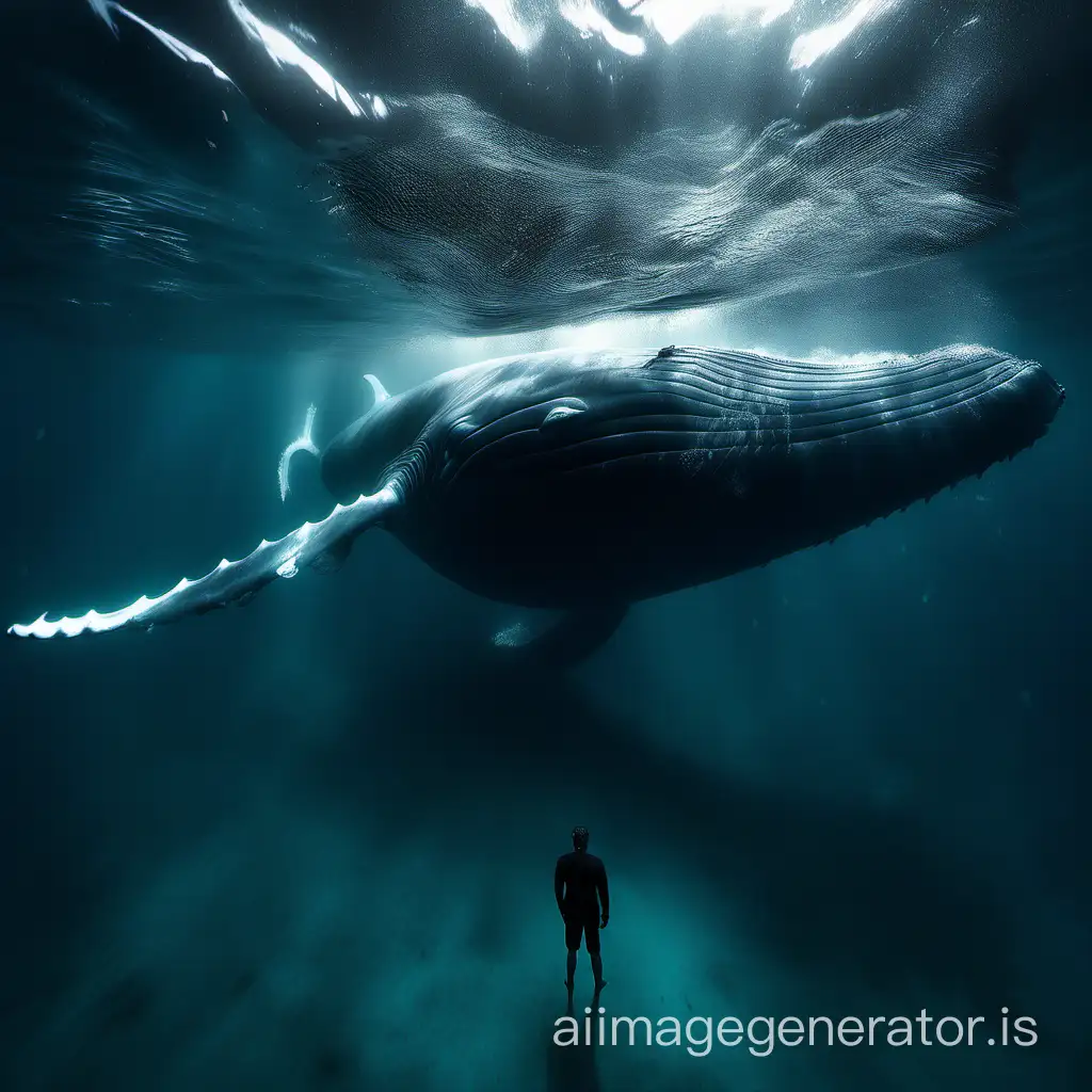 Man underwater in deep sea facing a giant whale