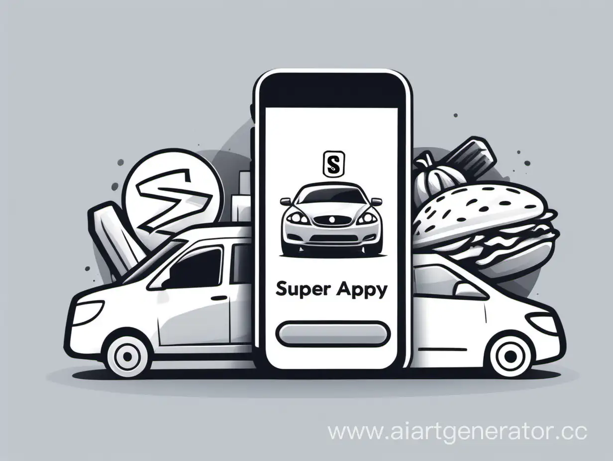 Нарисуй логотип мобильного приложения где есть: продажа авто, доставка еды, интернет магазин и месенжер  Используй серые тона и название приложения SuperAppify