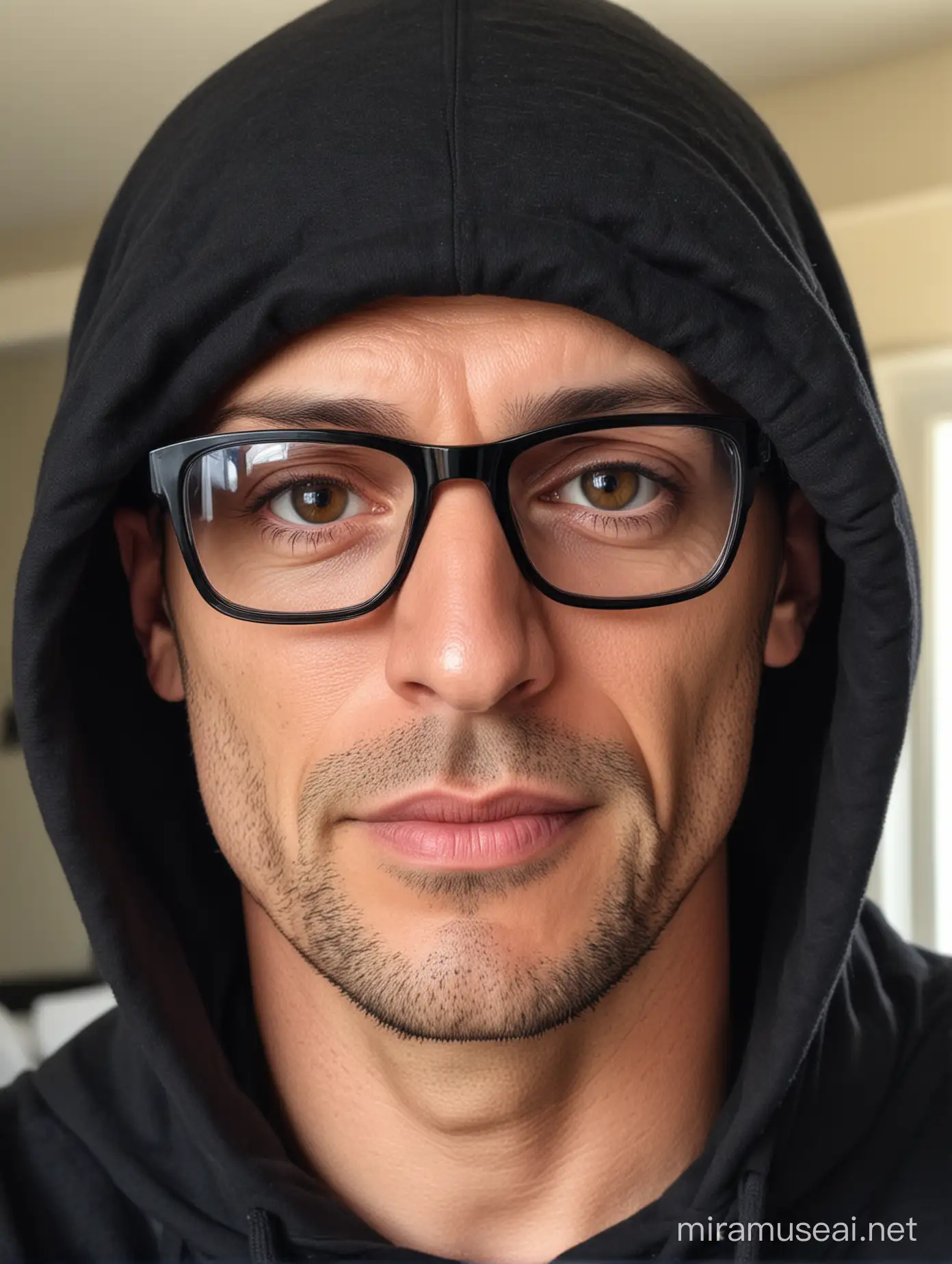 37 yo man, bald, brown eyes, big glasses, black hood