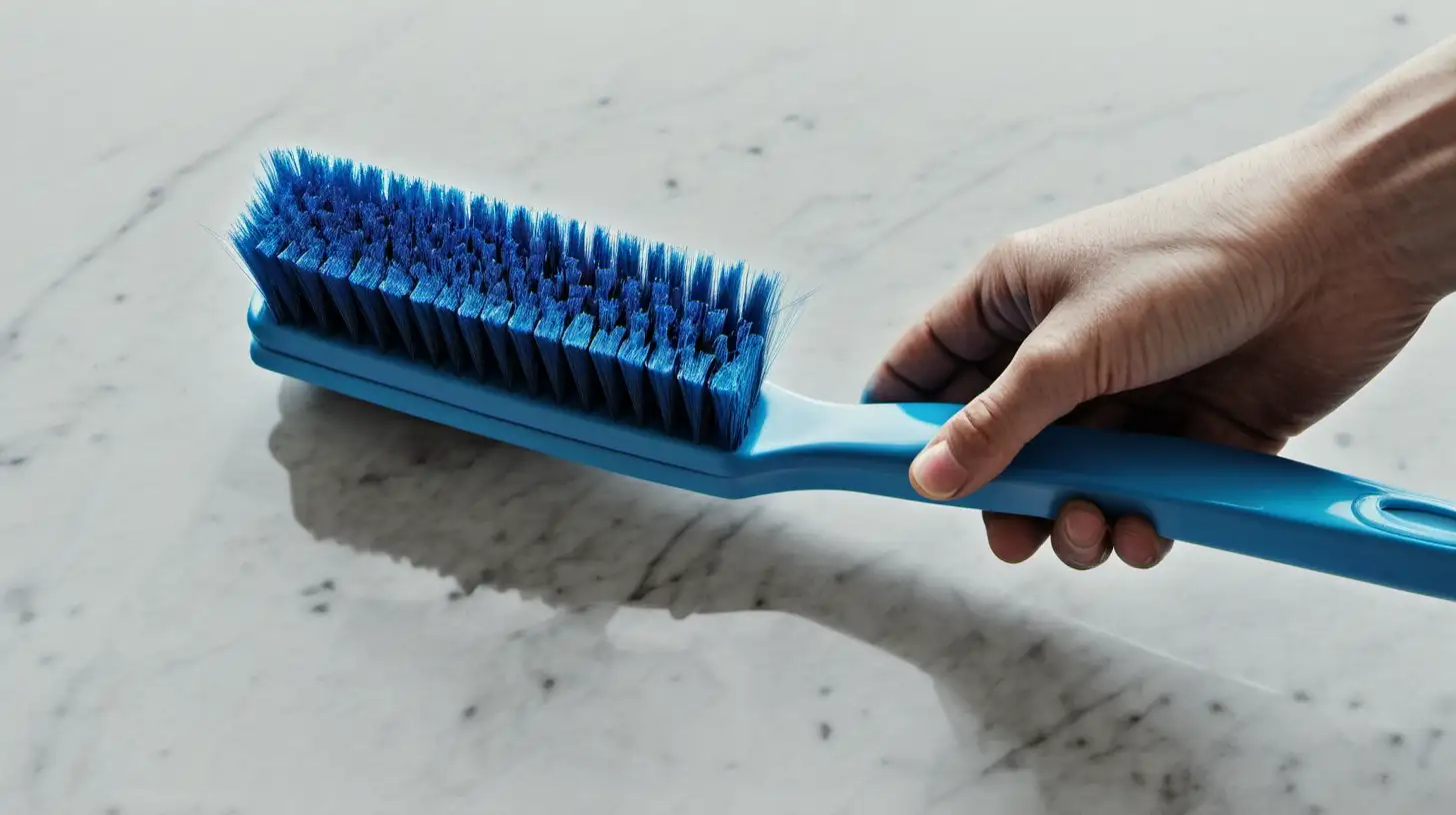 Hand Holding Blue Cleaning Brush on White Background