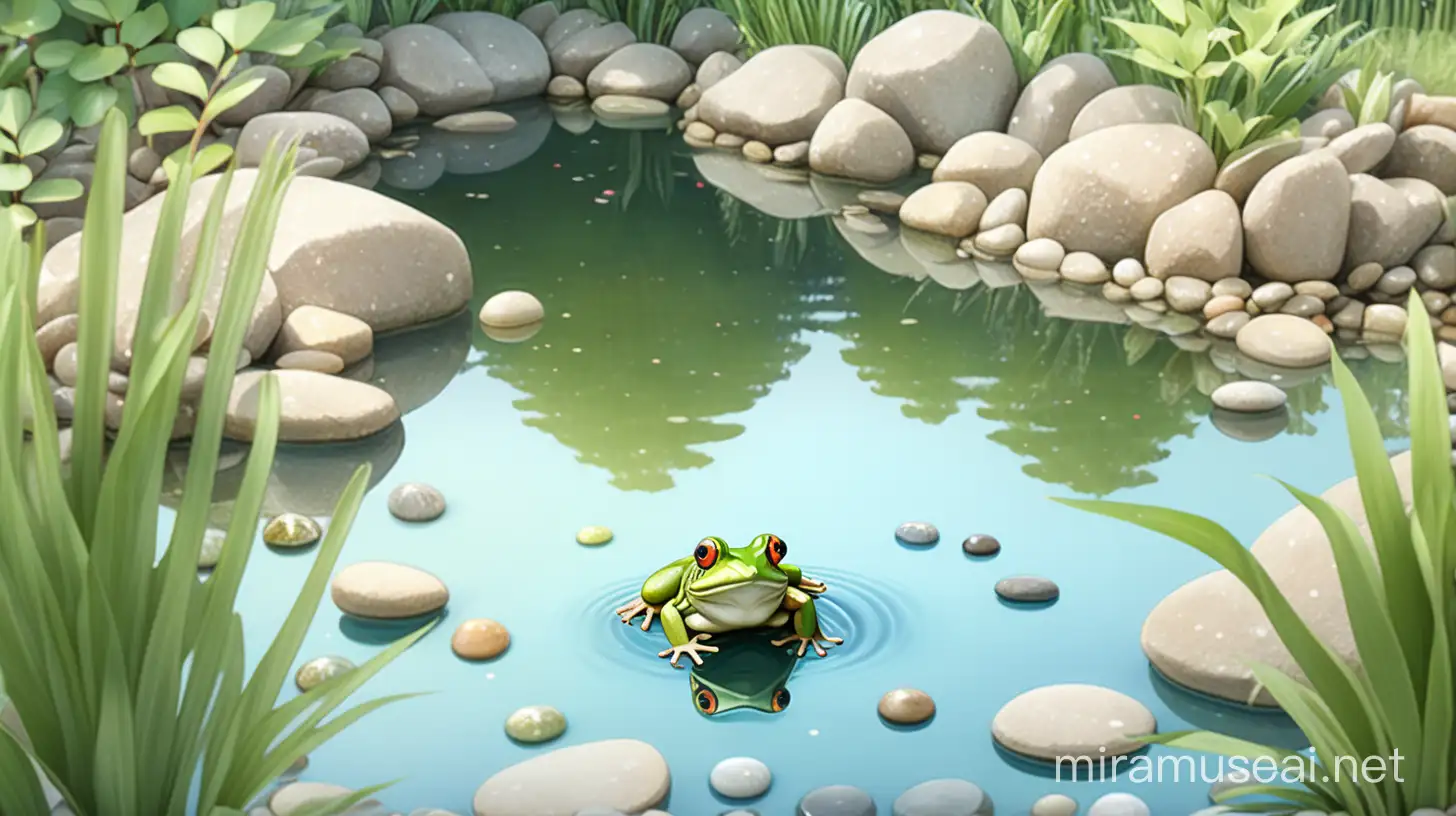anime style pond with pebbles side view  , clear water,with a frog 
 