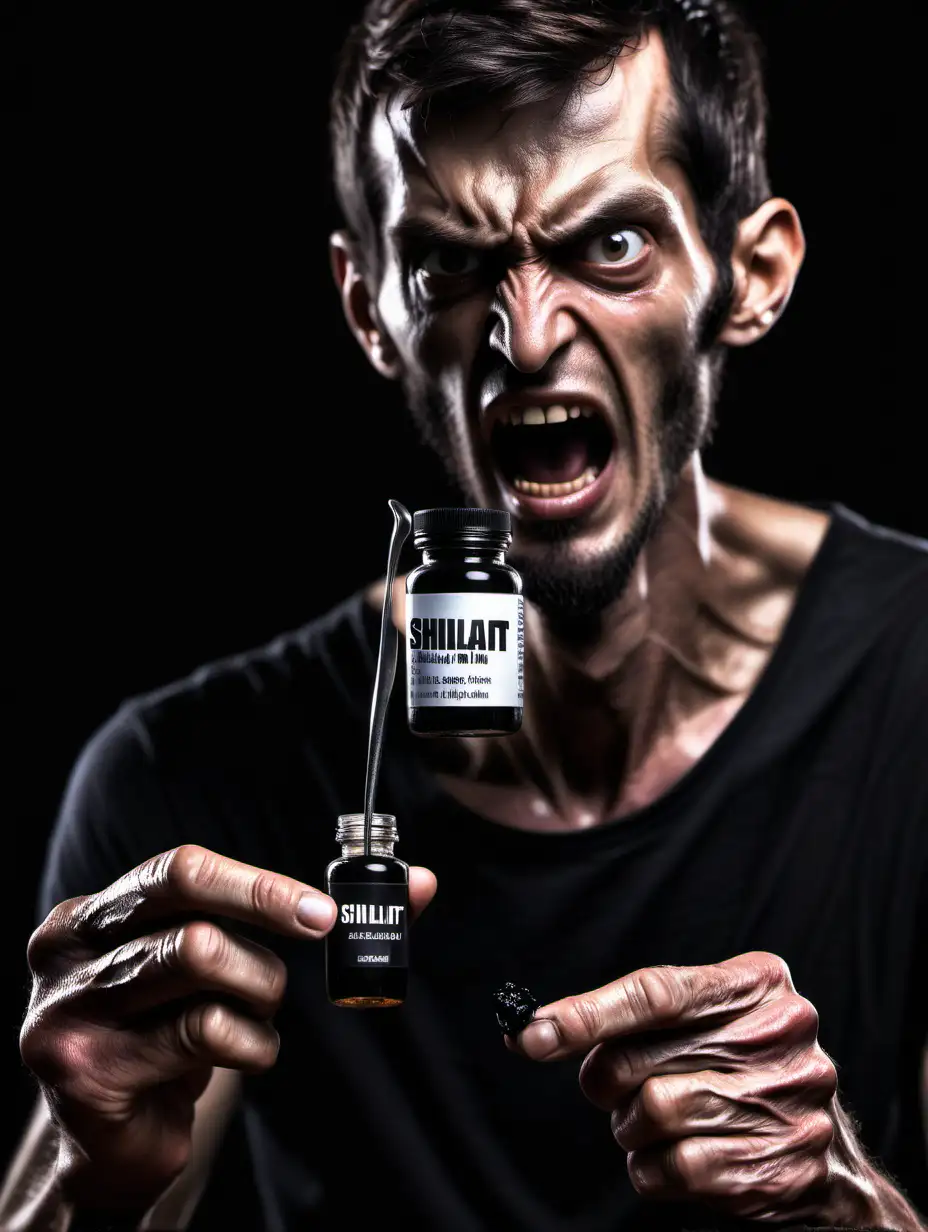 A hyper realistic photo of a skinny angry man coved in shilajit holding a small bottle of shilajit in one hand with the word shilajit on the bottle and a spoon full of shilajit in the other hand 