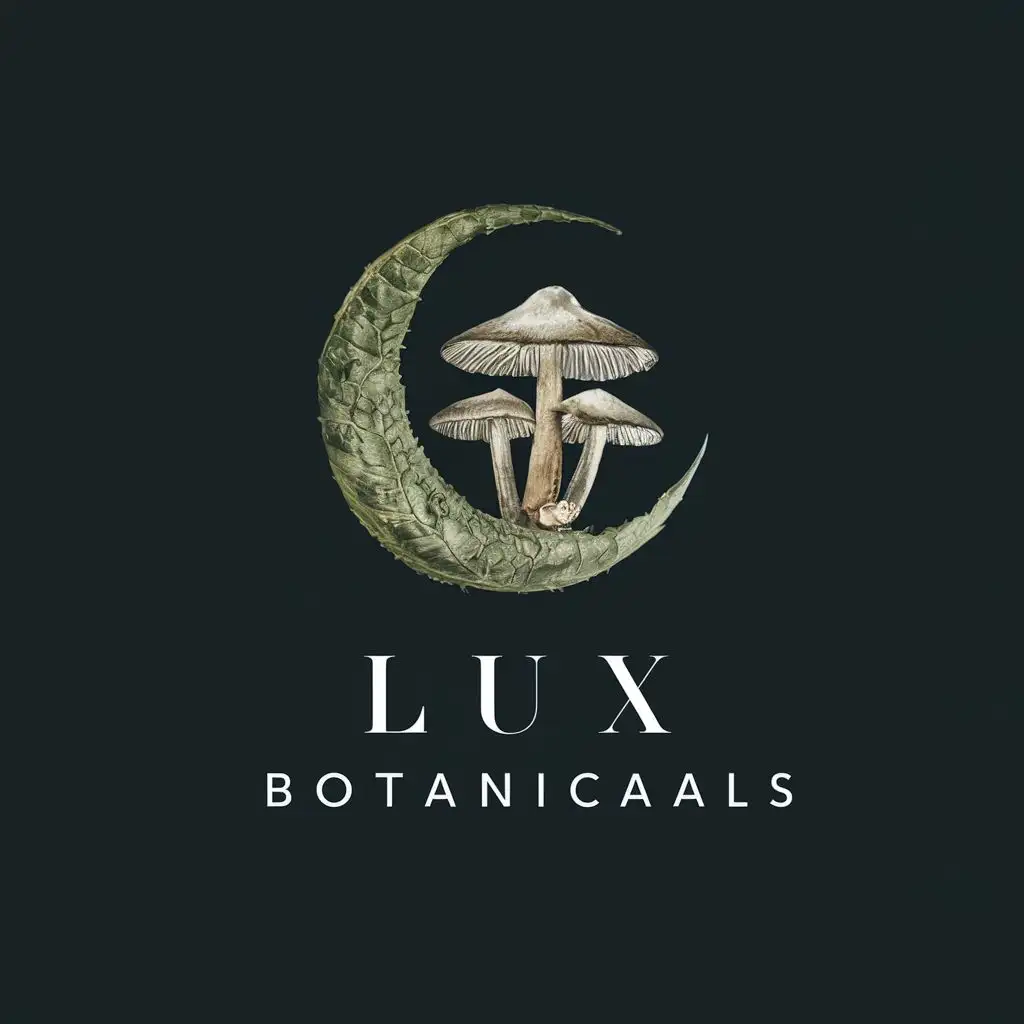 logo, kratom leaf mushroom moon holistic, with the text "Lux Botanicals", typography