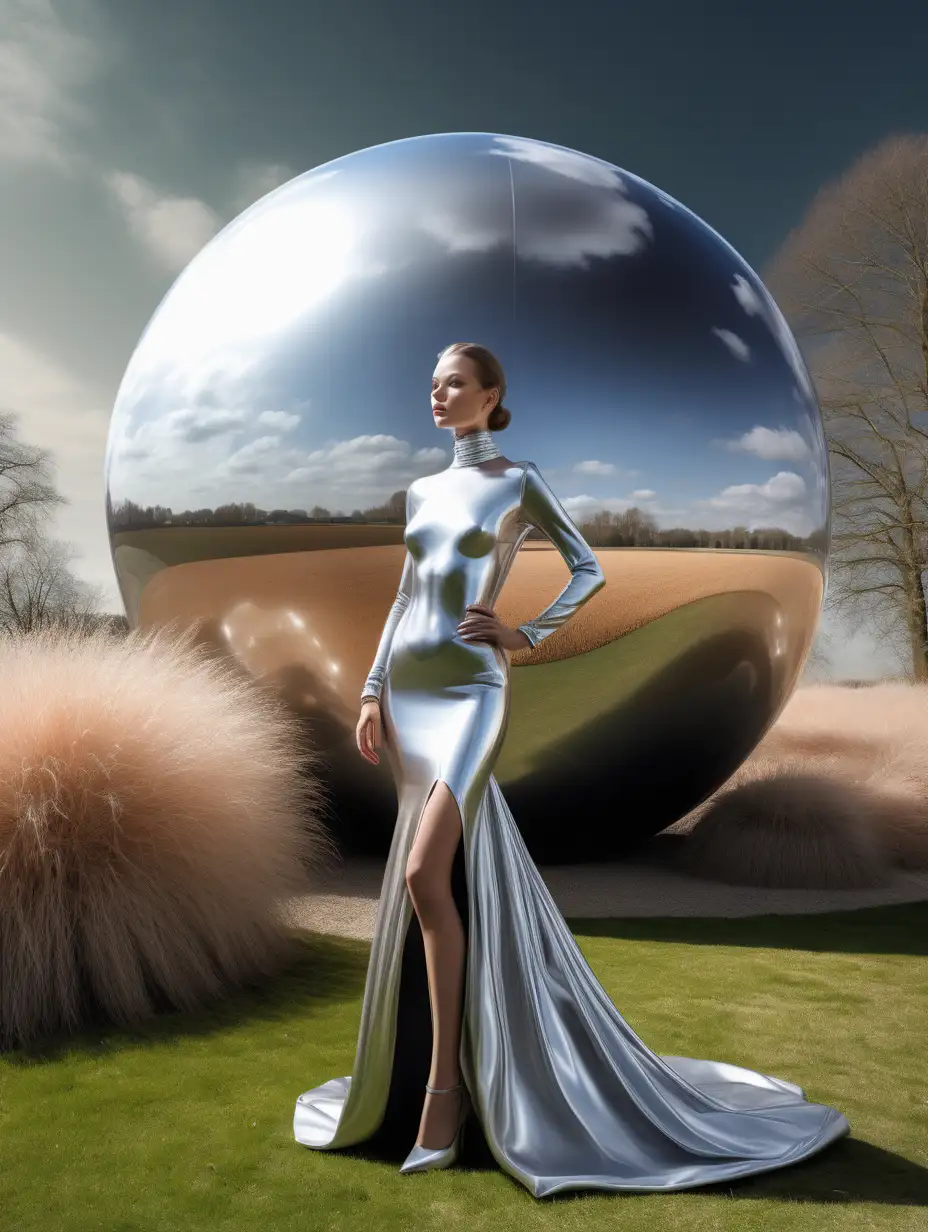 A model in haute couture is posed near a large sphere, surreal organic forms, silver, wimmelbilder,dutch landscapes, stimwave, digital airbrushing, bulbousarty pose, fashion, 200mm, HD, f/ 2. 0, highly detailed --ar 3:4 --v 5.1 --v 5.1 --s 750 -- style raw