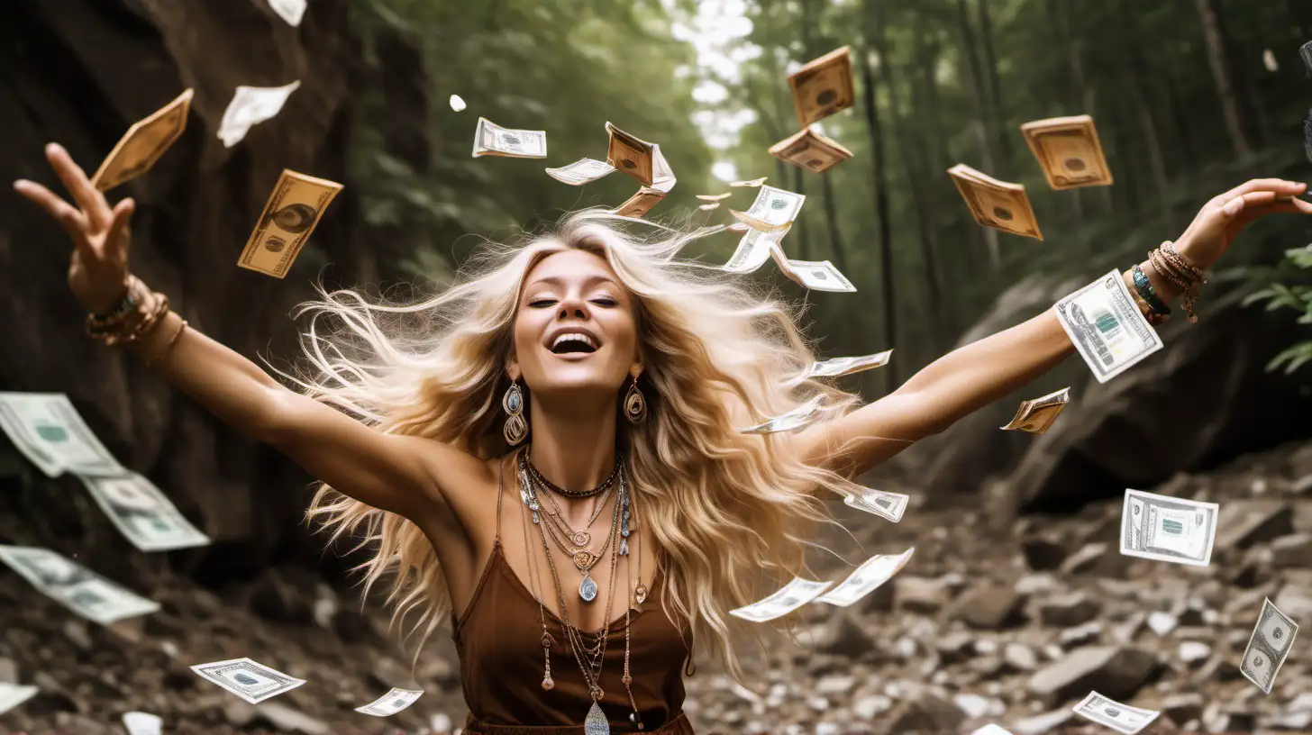 boho blonde, fit jewelry designer in nature by natural crystals throwing a big pile of cash into the air