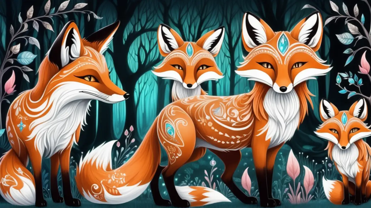 beautiful magical fox like creatures that live in a magical enchanted forest, never seen before, original designs