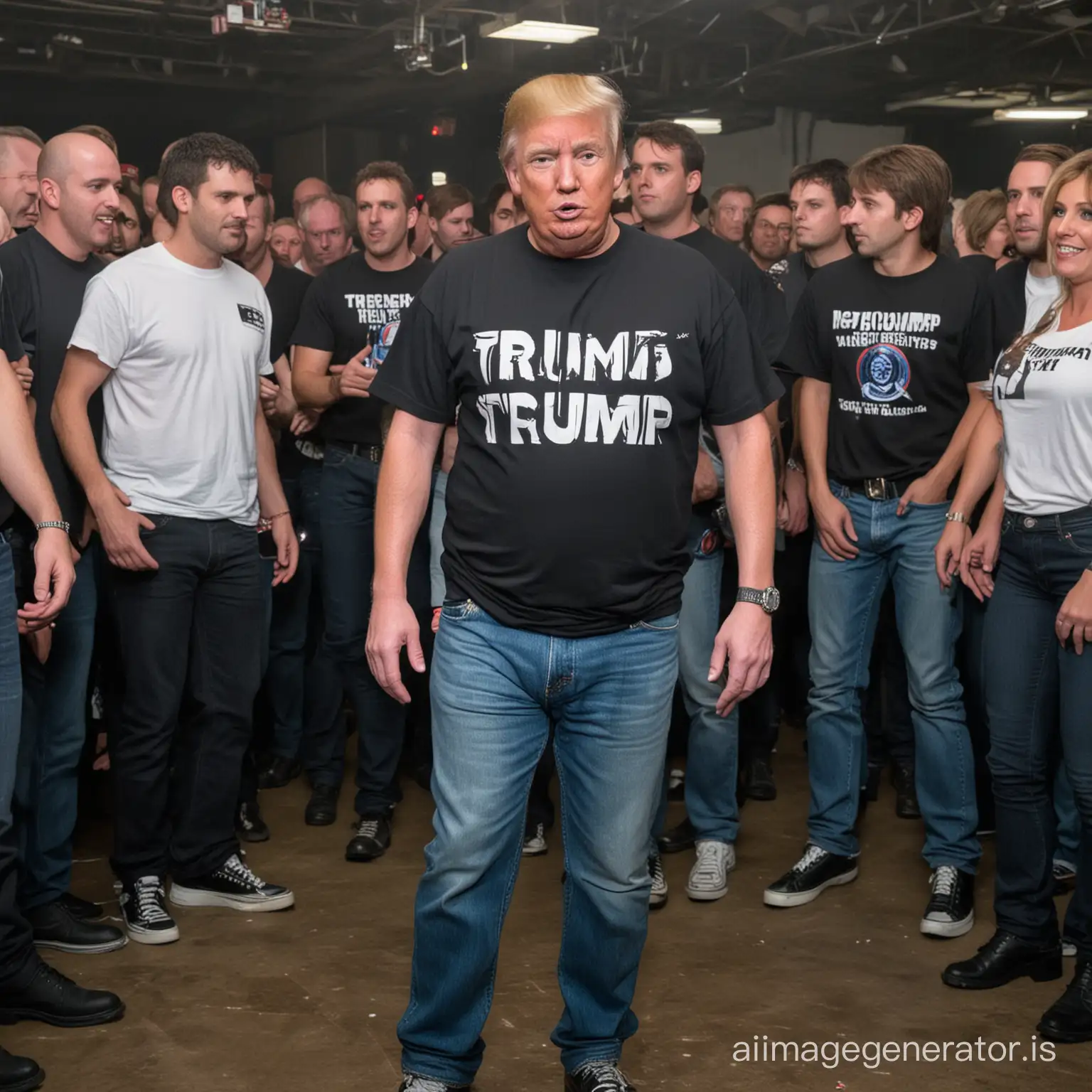 Donald Trump at the techno rave. He's wearing a T-shirt and jeans.
