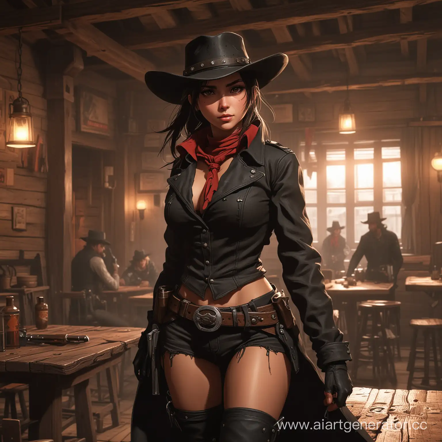 Anime cowboy girl breaks into a tavern with revolvers, black coat,  western film style, red dead redemption, in full growth