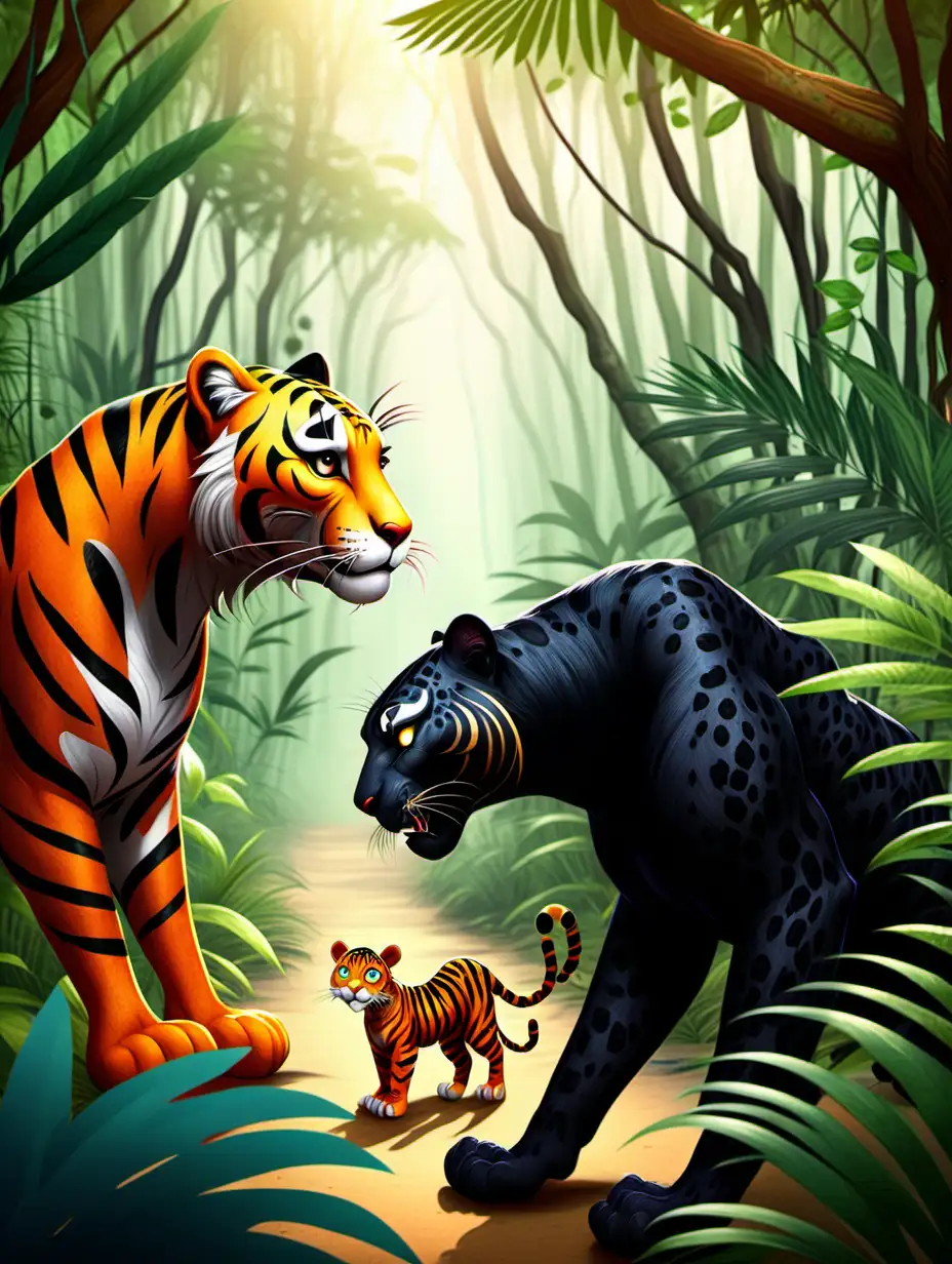 a kind black leopard meeting a 
tiger in the jungle (for a children's book)