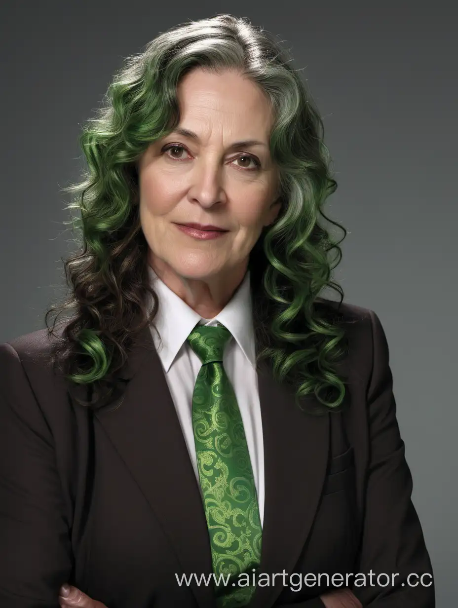 Middle-aged woman, long greenish wawy hair, dark-brown suit, shirt and green tie