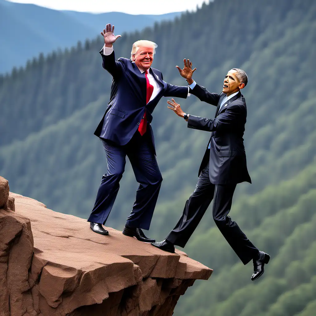 Donald trump throws barack obama from a cliff high in the mountains