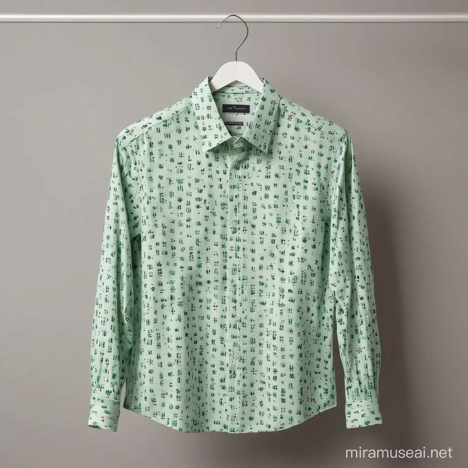 Elegant Micro Cactus Print Green Shirt on Hanger