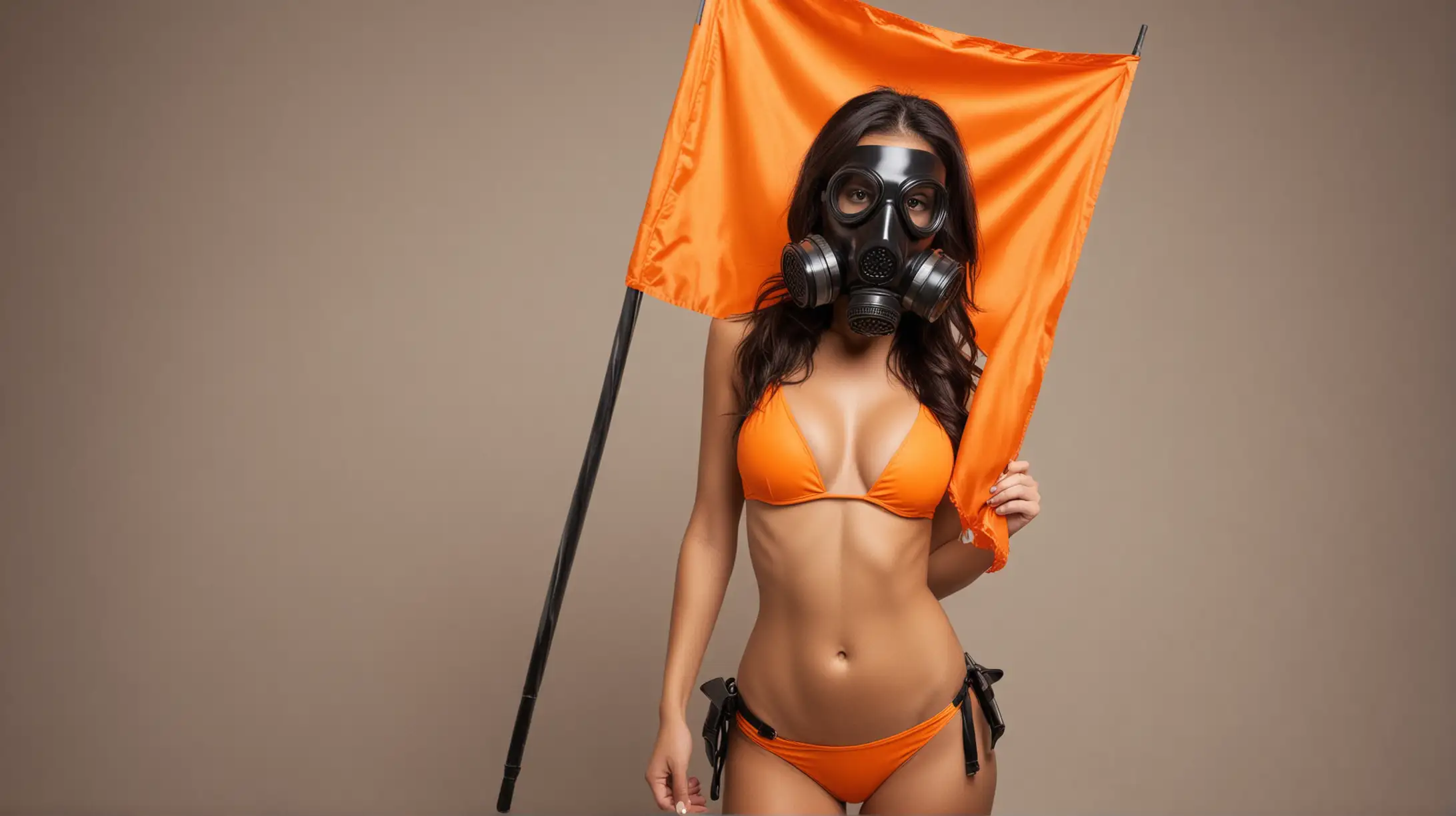 Latina with black gas mask  holding an orange flag. Orange bikini