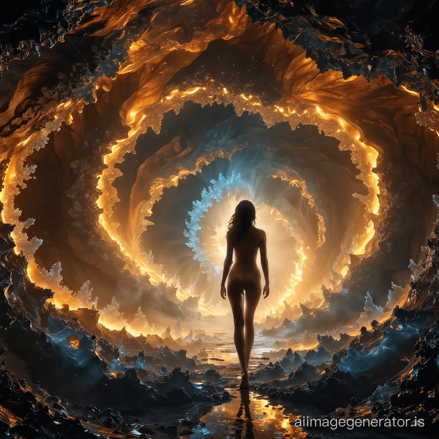 infinite mandelbrot saphire-gold burning fractals inside a futuristic swirl metallic glowing cave, naked girl,  ice, fire and volumetric smoke inside cave.