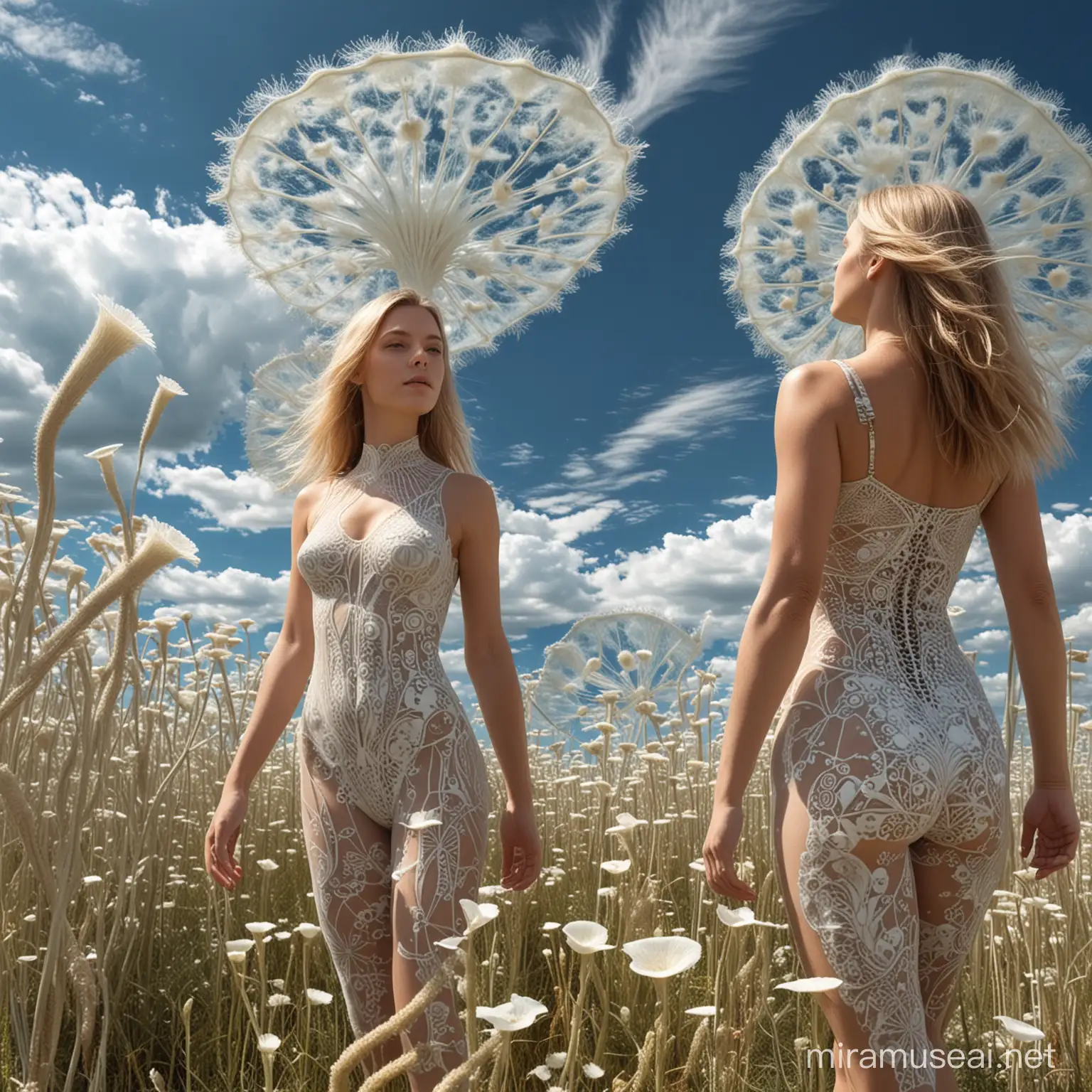 The sky is clear, a few clouds can be seen, A strong summer wind bends the plants of an alien landscape of enlarged Fractals, Diatoms and mostly distorted Radiolara, real look hand,longger  straight leg beauty woman, Add some discrete places in the foreground for people to add later, Show depth 