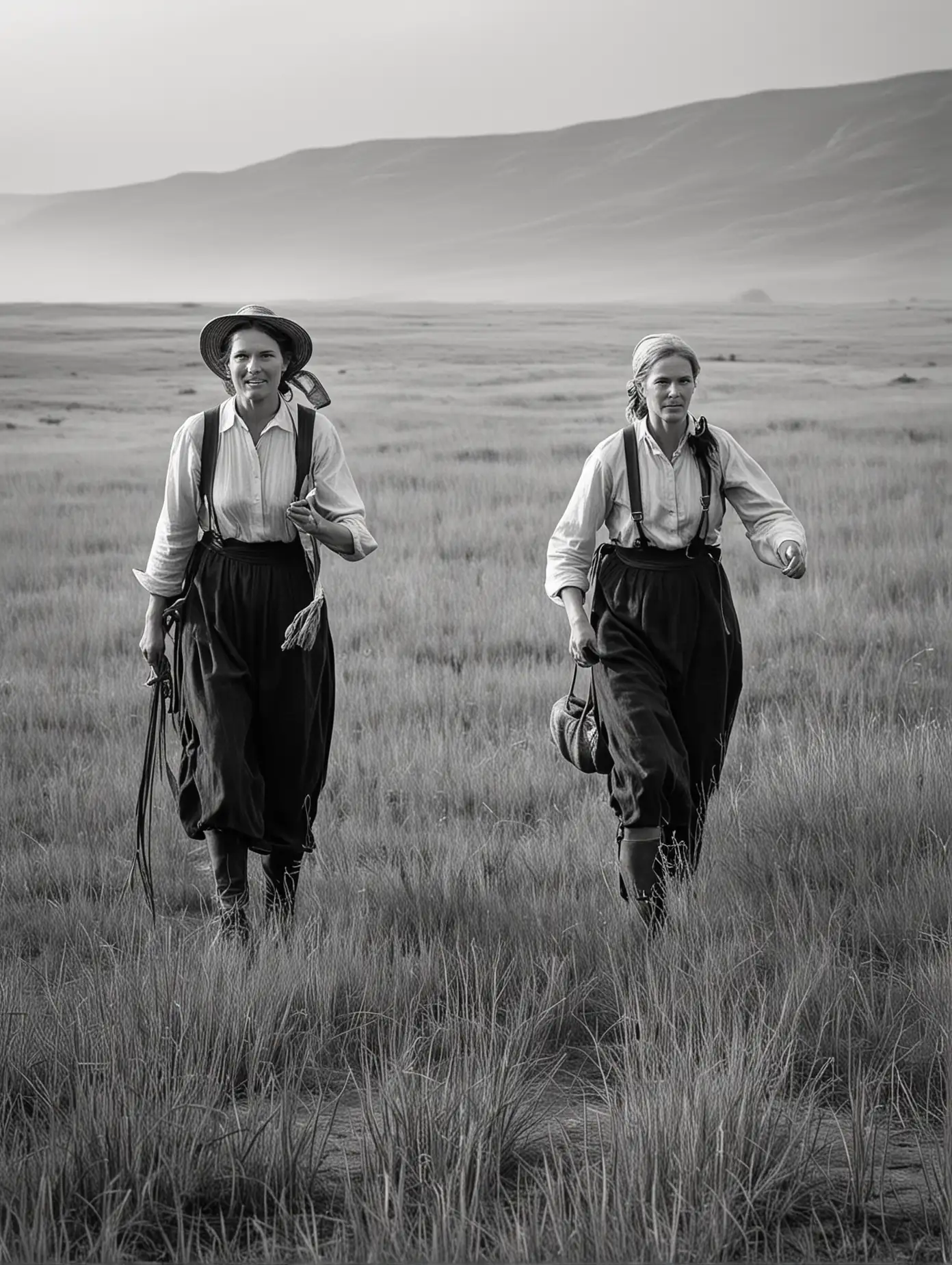 Pioneer Women Running to New Home on Vast Grassland