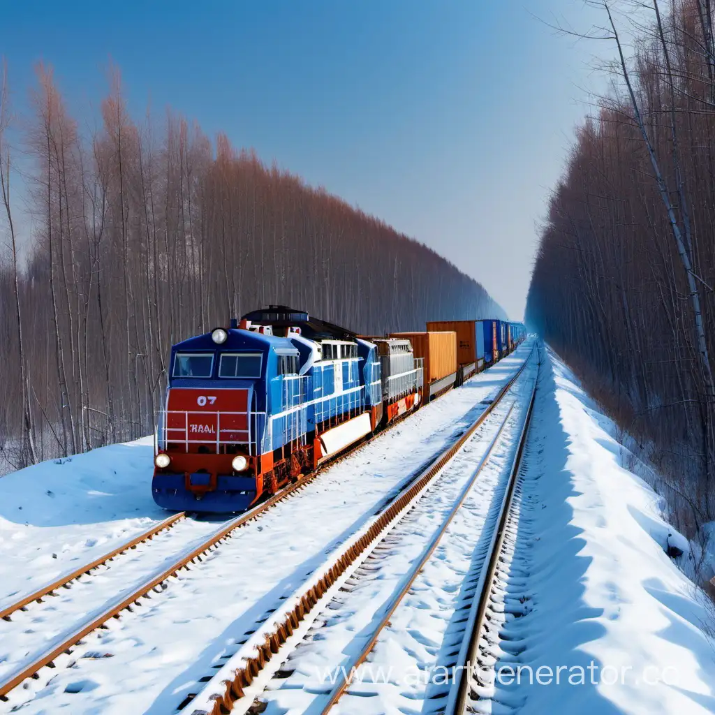 Байкало-амурская магистраль, железная дорога, грузовой железнодорожный состав, зимний лес