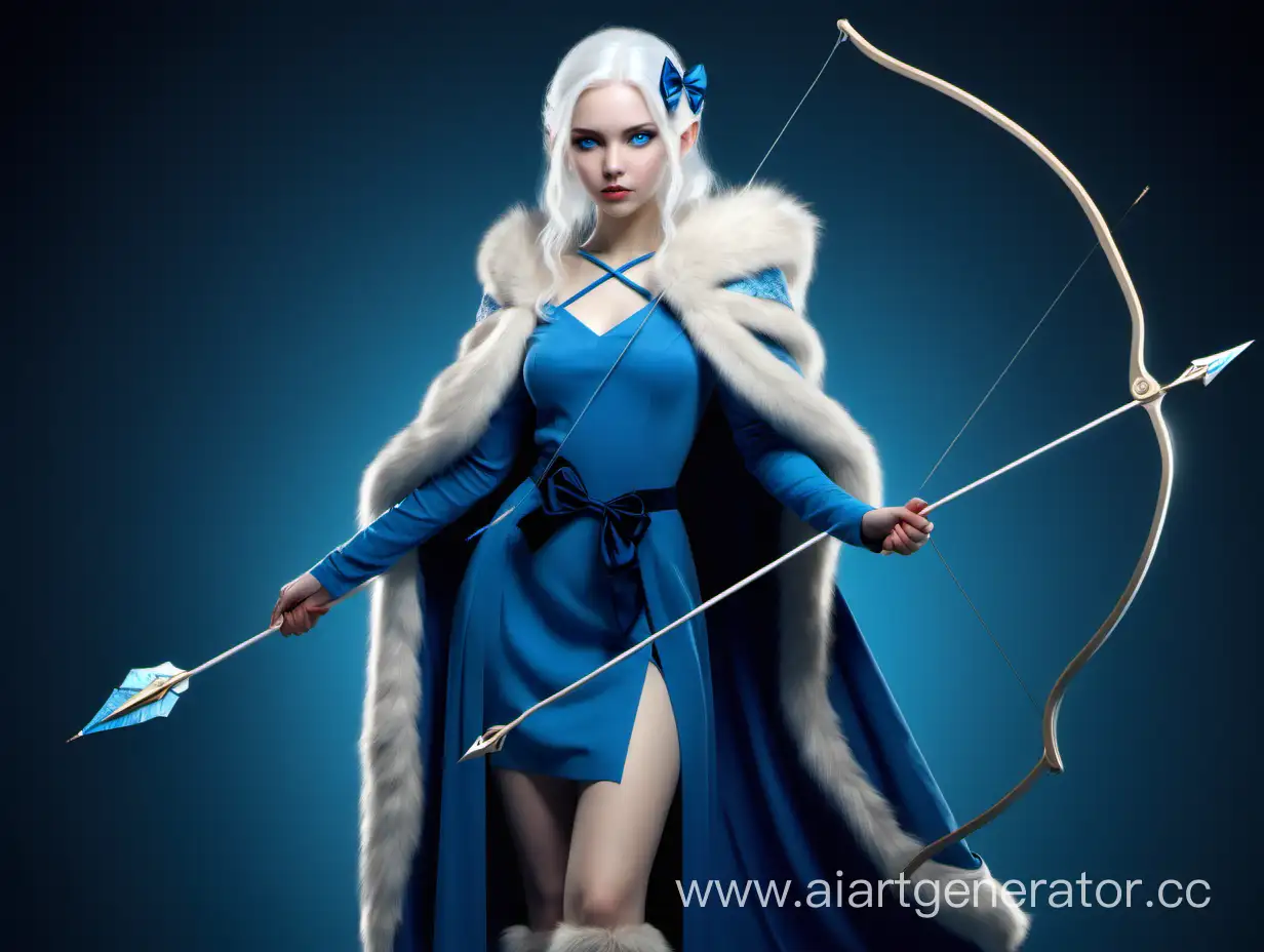 Стройная девушка с белыми волосами и синим цветом глаз, в синем платье по калено с меховой накидкой держит в руках ледяной лук и стрелы