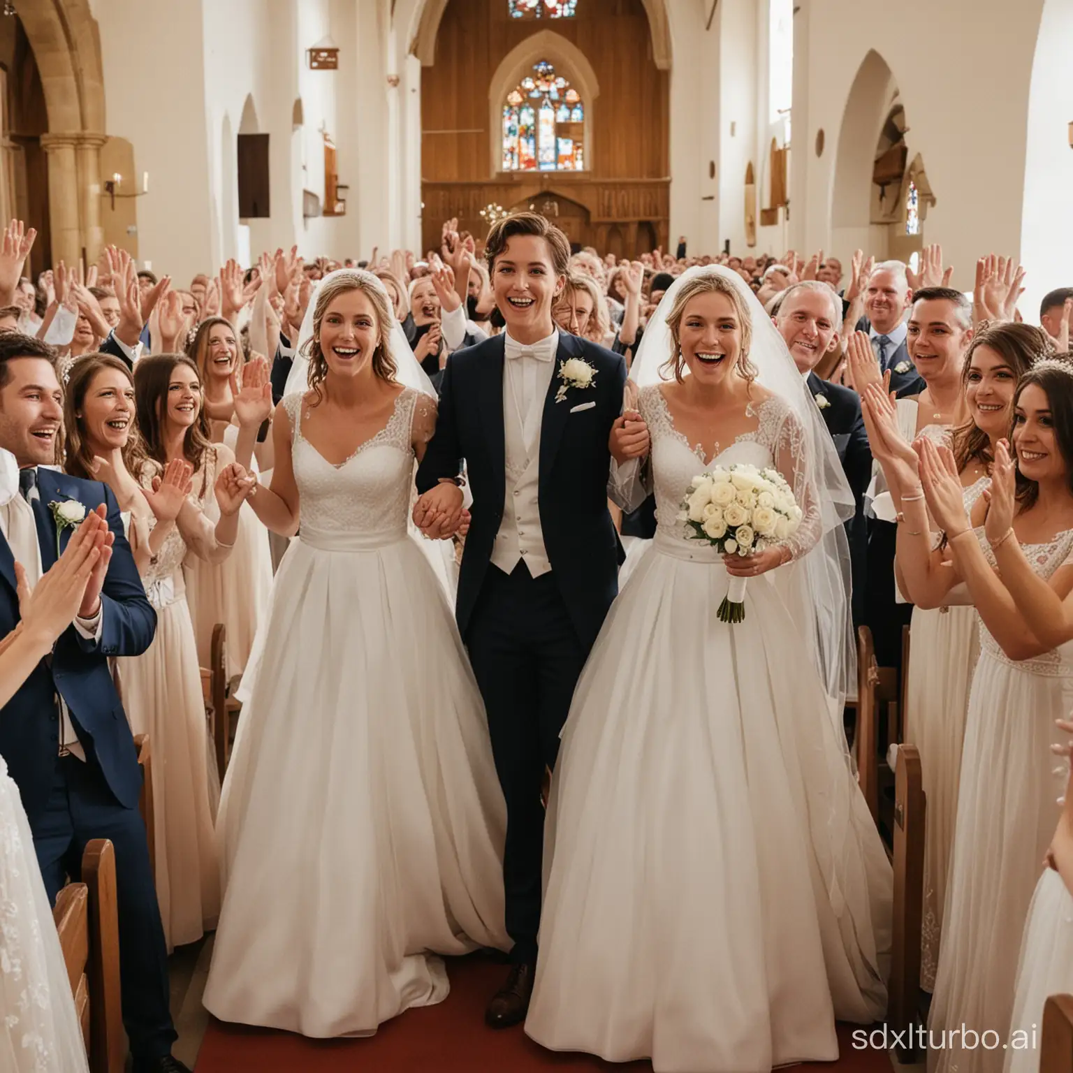 Multidão de noivas e noivos entrando juntos de braços dados na igreja e convidados vestidos de noivos e noivas aplaudindo