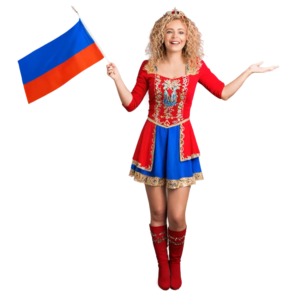стоит весёлая, (милая красивая малышка)  светловолосая, кудрявая   в ярком красивом национальном костюме  с флагом России в руке (в мультяшном стиле) русские узоры