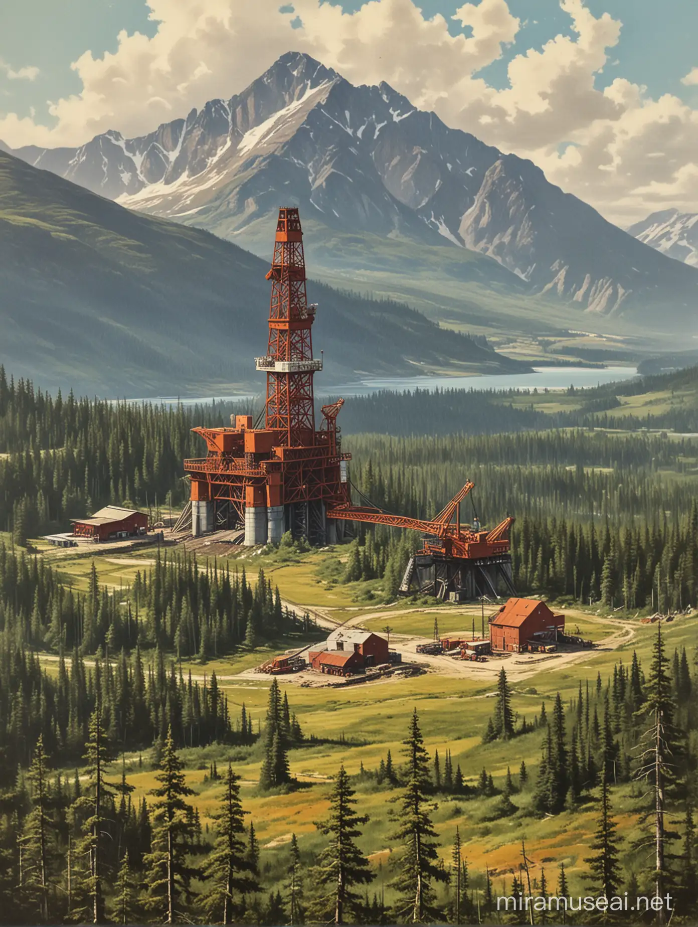 Scenic Mountain Landscape with Forest and Oil Rig