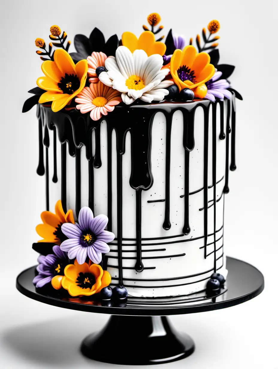 drip cake style with the elegance of edible flowers for a visually stunning cake 
,colouring page,white background, bold black lines, simple details, black and white 