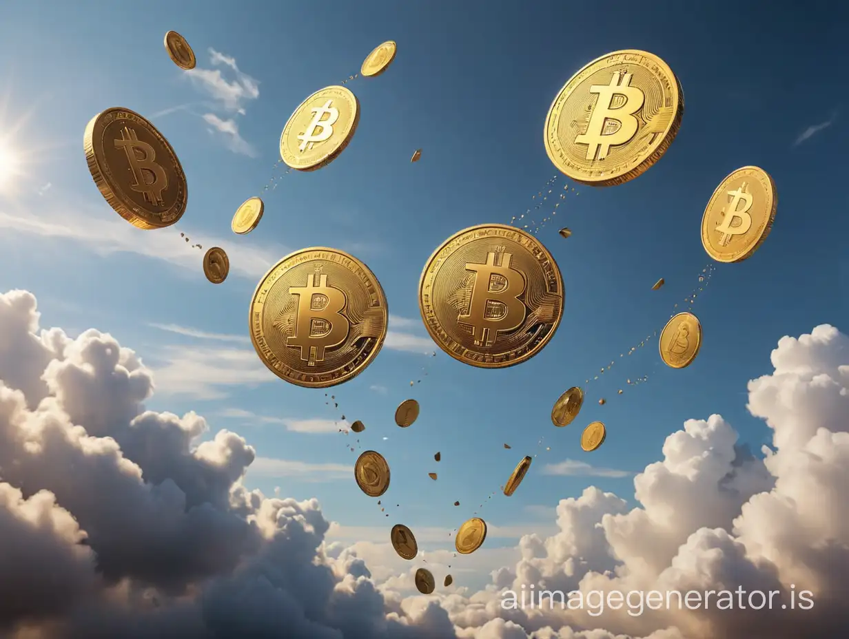 3d Bitcoin, Ethereum and BNB coins ascending into the sky and vanishing