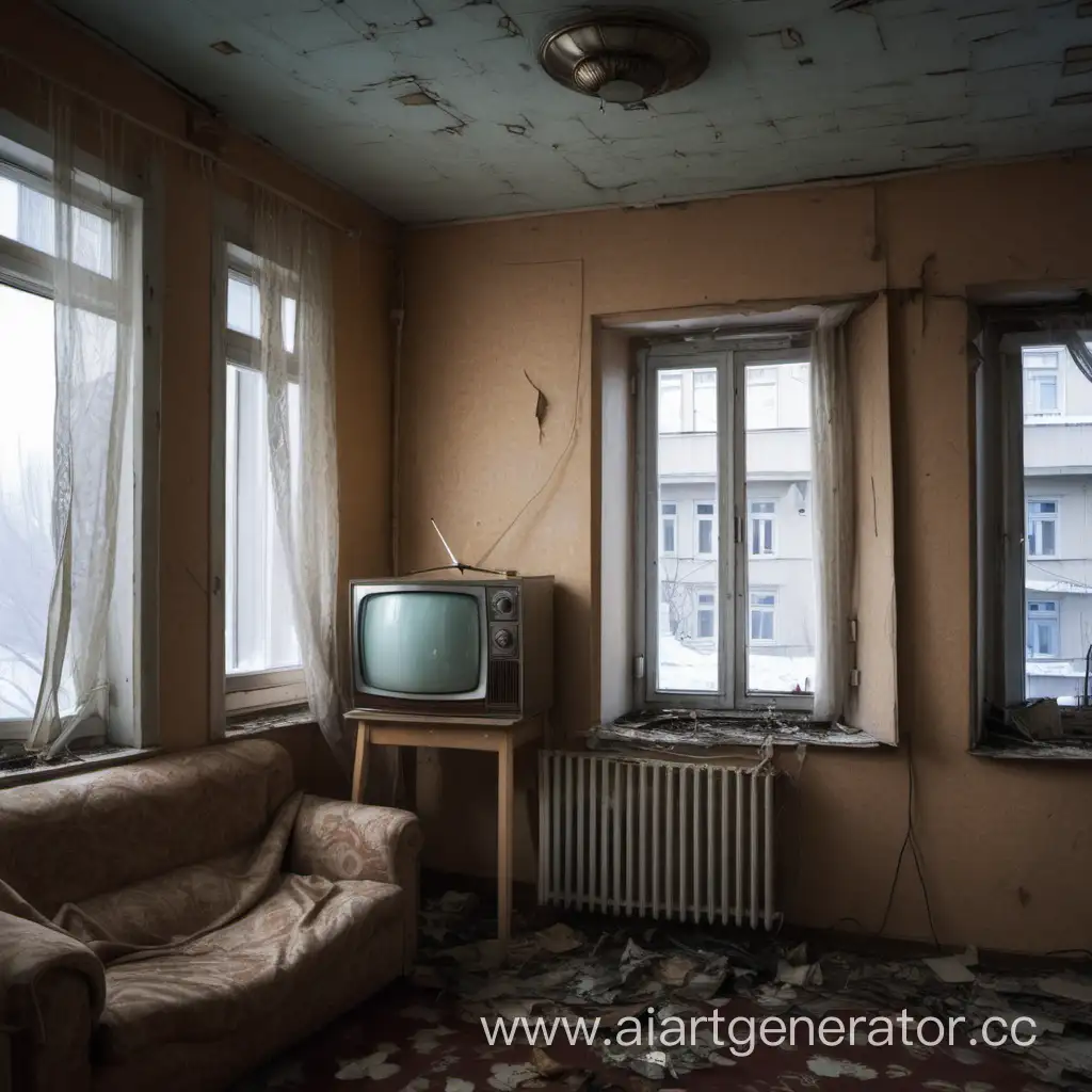 a Russian apartment in a Soviet-era panel house with old-fashioned walls, an old TV and a window, behind which there is a huge number of tall panel houses with lights burning in some windows