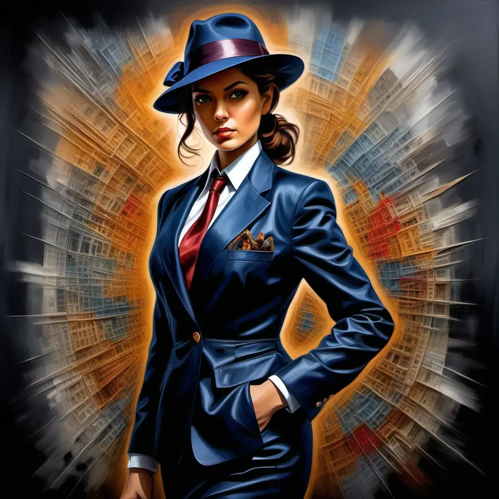 Intricately depicted in this stunning artwork is a detective woman, exuding confidence and intelligence. The image, portrayed in the form of a mesmerizing painting, captures her essence flawlessly. Her sharp gaze and poised stance convey her determination, while her tailored attire and sleek hair exude sophistication. The vibrant colors and detailed brushstrokes enhance the richness of the image, evoking a sense of realism. This masterful portrayal truly showcases the skill and artistry of the painter, making it a remarkable masterpiece that is sure to captivate any viewer.